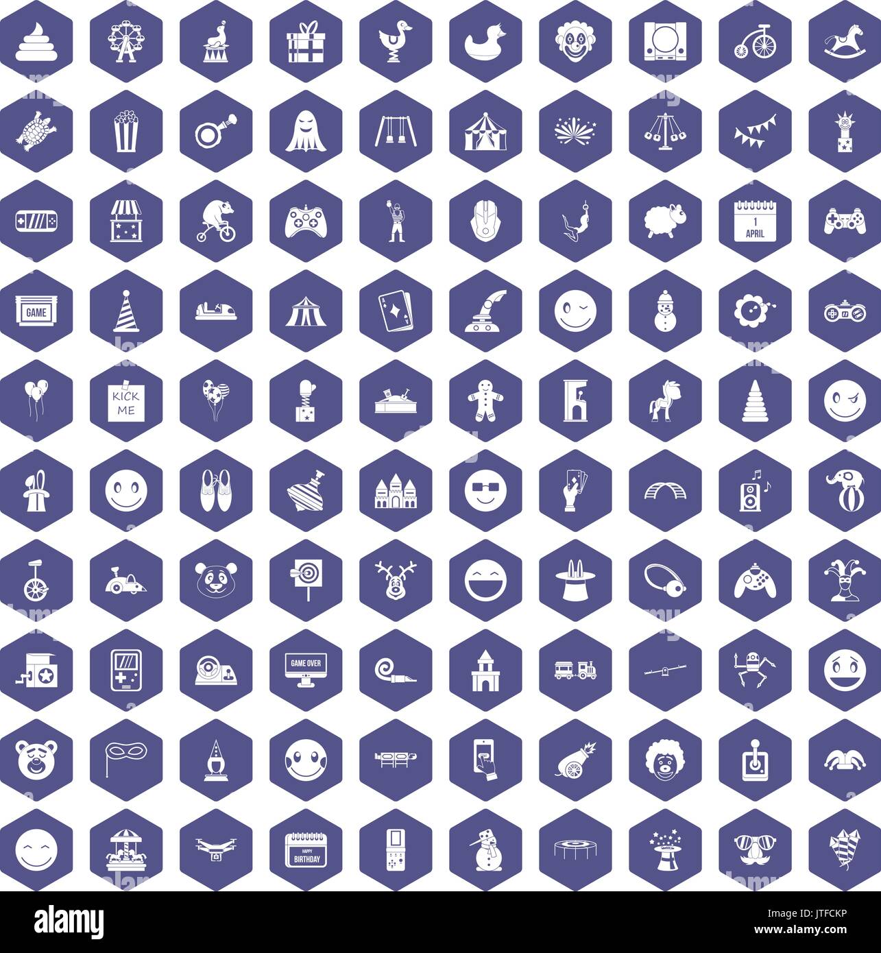 100 lustige Symbole hexagon Lila Stock Vektor