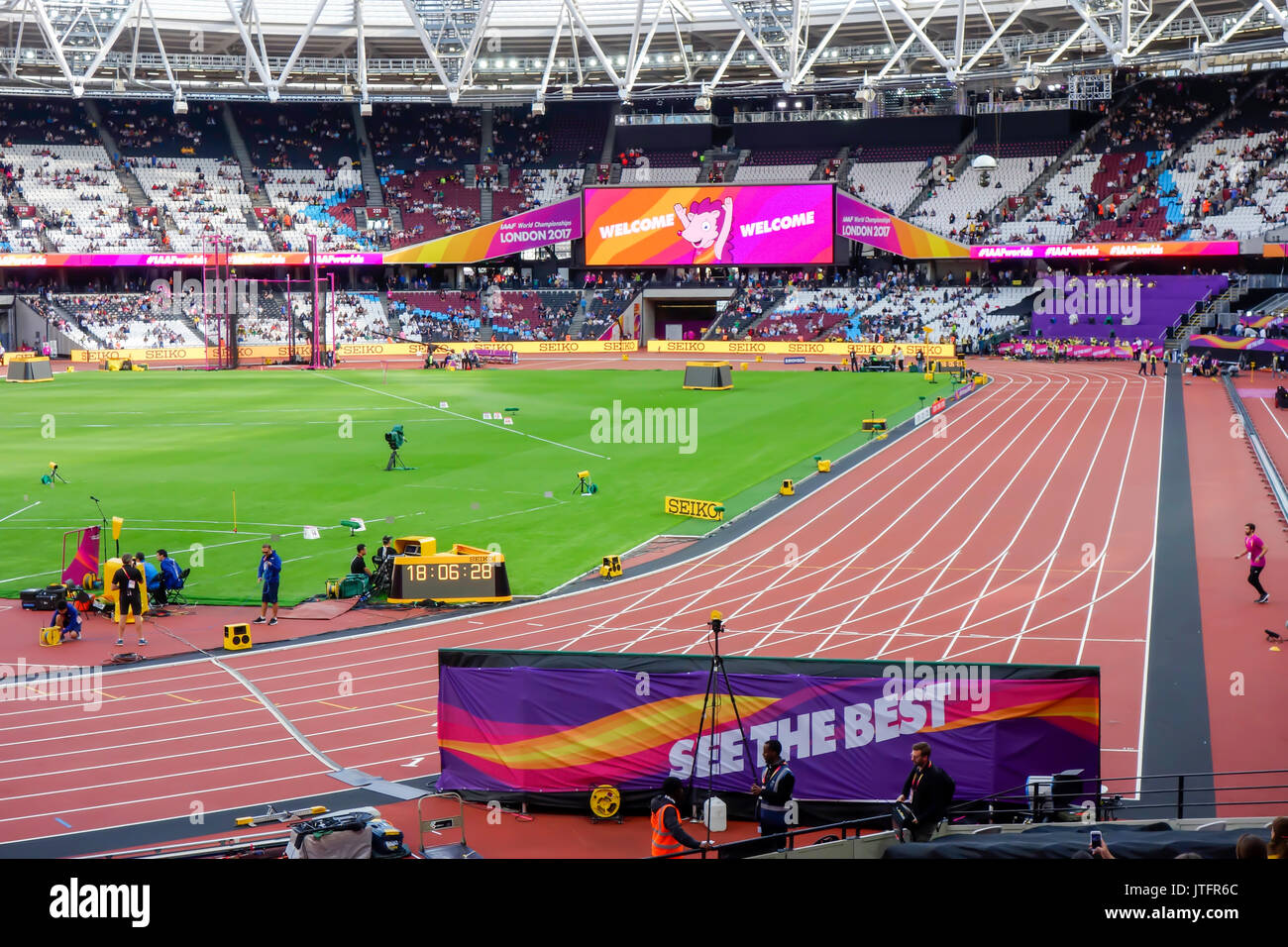 London Stadium, Heimat von West Ham vereint Fußballverein in der Queen Elizabeth Olympic Park und Veranstaltungsort für London 2017 World Championships. Stockfoto