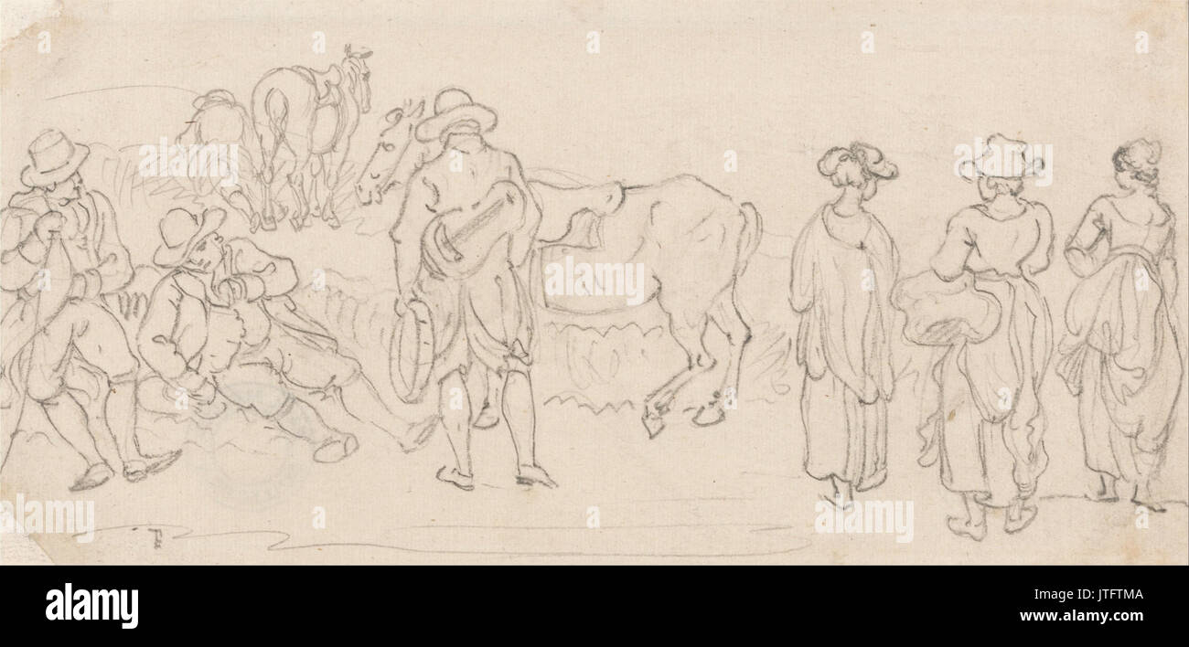 Paul Schränke Abbildung mit Laute und Tamburin, mit anderen Zahlen Männer ruht, Land Frauen, Pferde, etc. Stockfoto