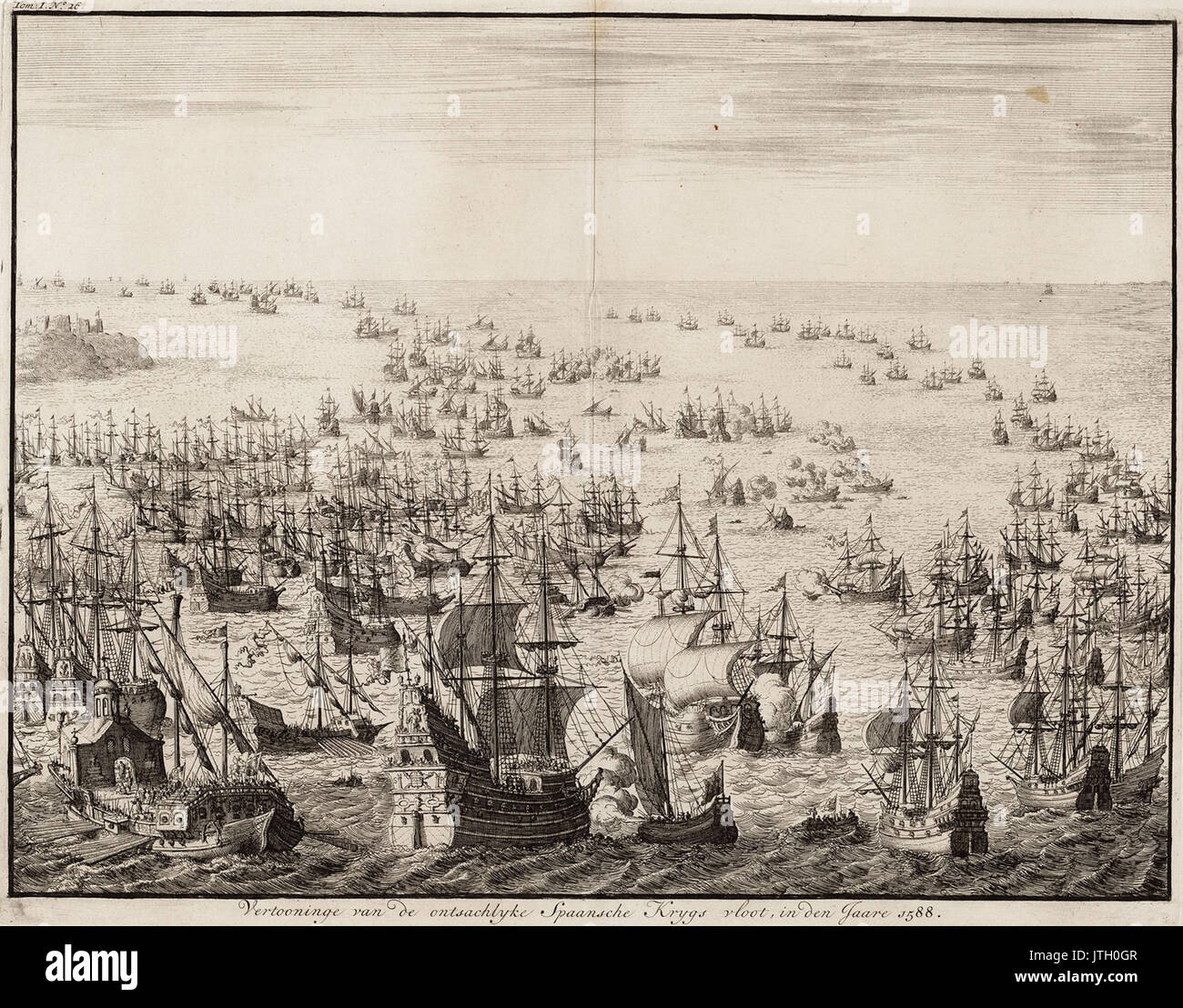 Vertooninge van de ontsachlyke Spaansche krygs vloot, in der Höhle jaare 1588 Die mächtigen Anzeige der Spanischen Armada 1588 (Jan Luyken) Stockfoto