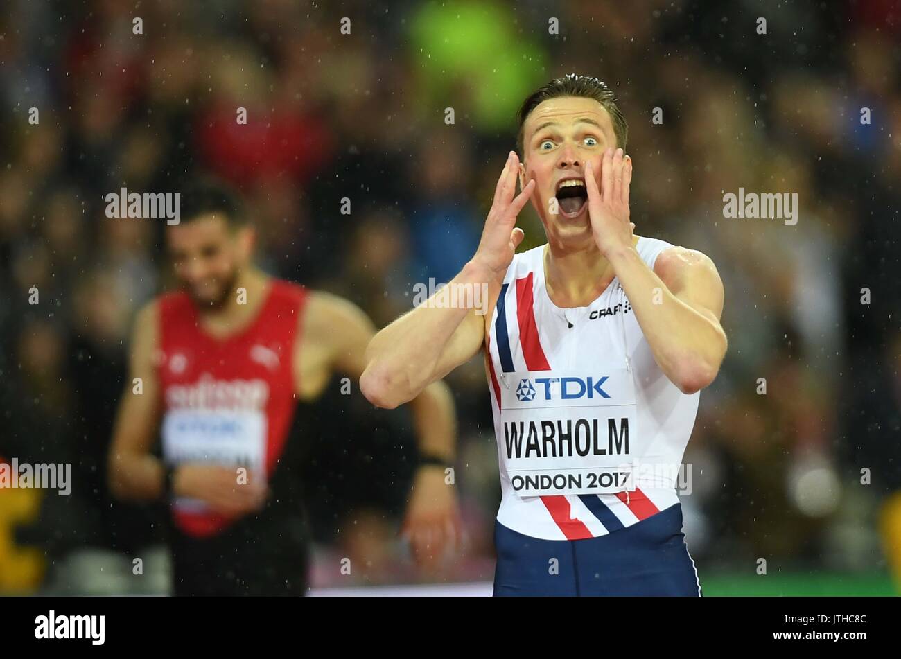 London, Großbritannien. 9. August 2017. Karsten WARHOLM (NOR) gewinnt die mens 400 m Hürden. IAAF Leichtathletik WM. London Olympiastadion. Queen Elizabeth Olympic Park. Stratford. London. UK. 09/08/2017. Credit: Sport in Bildern/Alamy leben Nachrichten Stockfoto