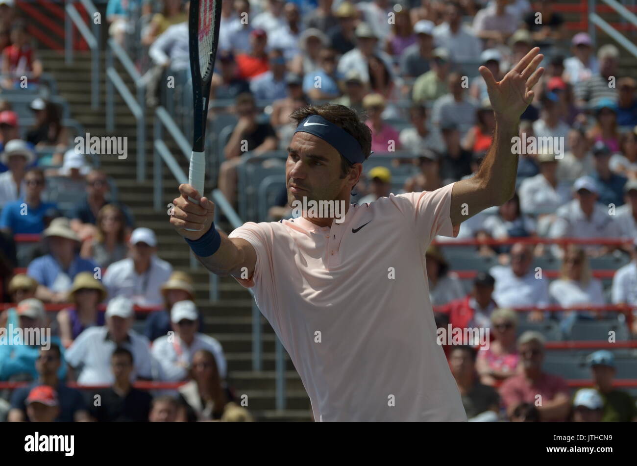Tennis Legende und älteste Meister (Miami, 2017) Grand Slam (Wimbledon, 2017) Meister, Roger Federer (SWI zeigt Master Class in der Rogers Cup, Montreal Stockfoto