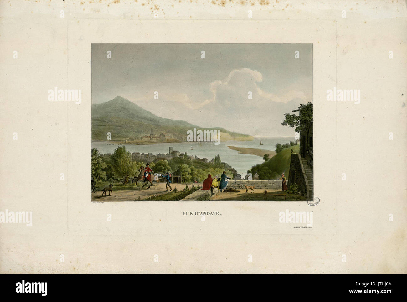 Dies ist eine historische Darstellung von Hendaye im französischen Baskenland, die einen Blick auf die Landschaft mit künstlerischer Interpretation zeigt. Es ist Teil der Sammlung Fonds Ancely. Stockfoto