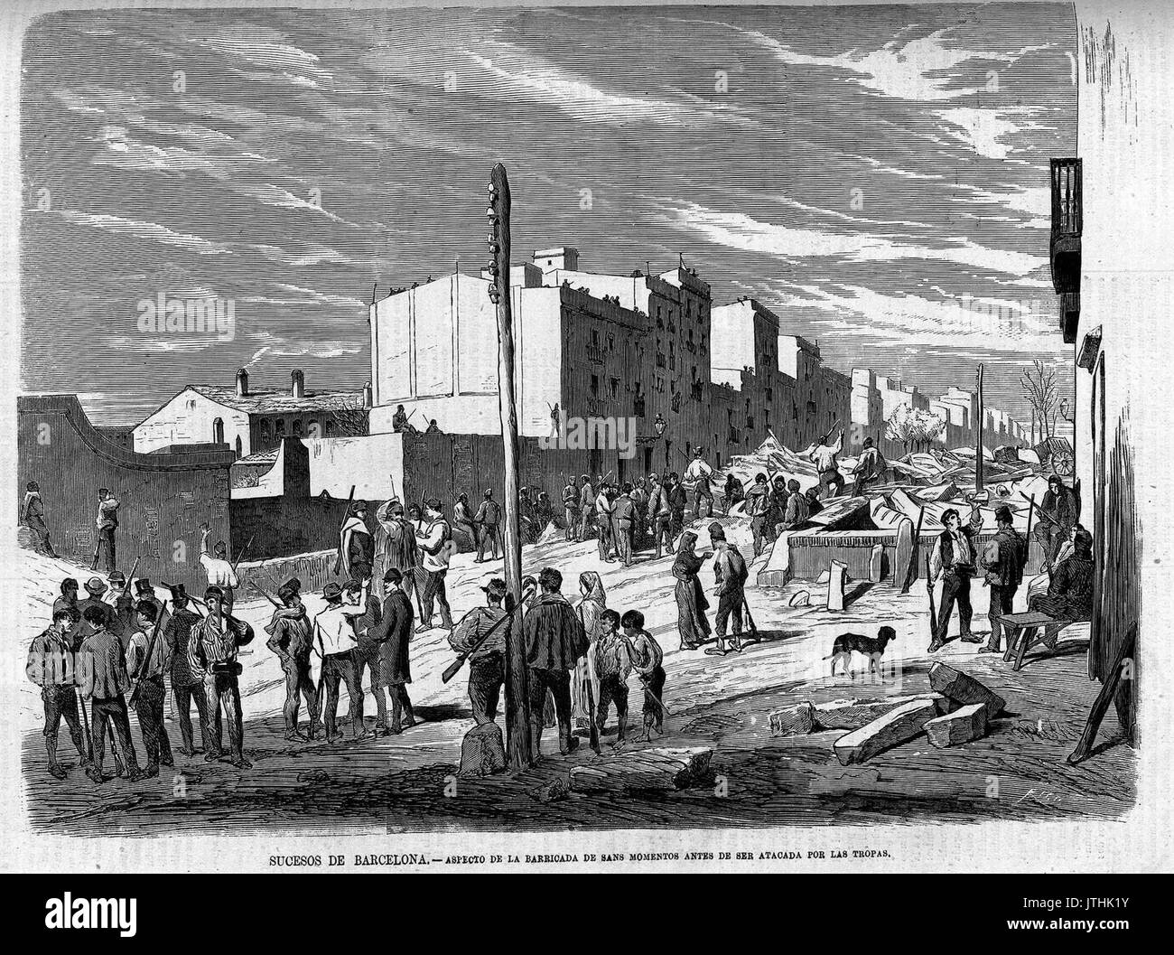 Sucesos de Barcelona, aspecto de la barricada De Sans Stockfoto