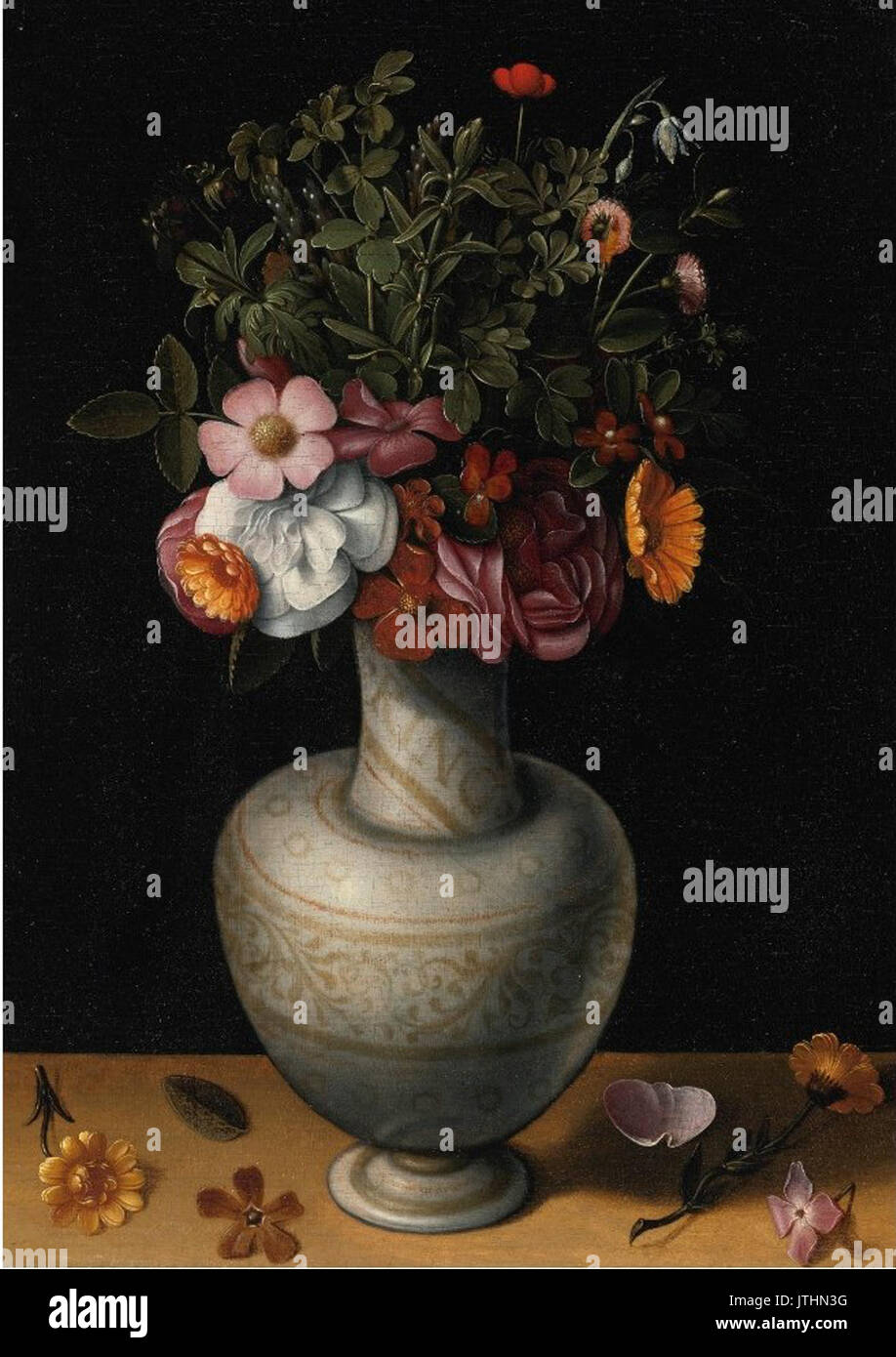 "Stillleben mit Wildrosen, Pfingstrosen und andere Blumen in einer Vase weiß Steingut" von Ludger Tom Ring der jüngere Stockfoto