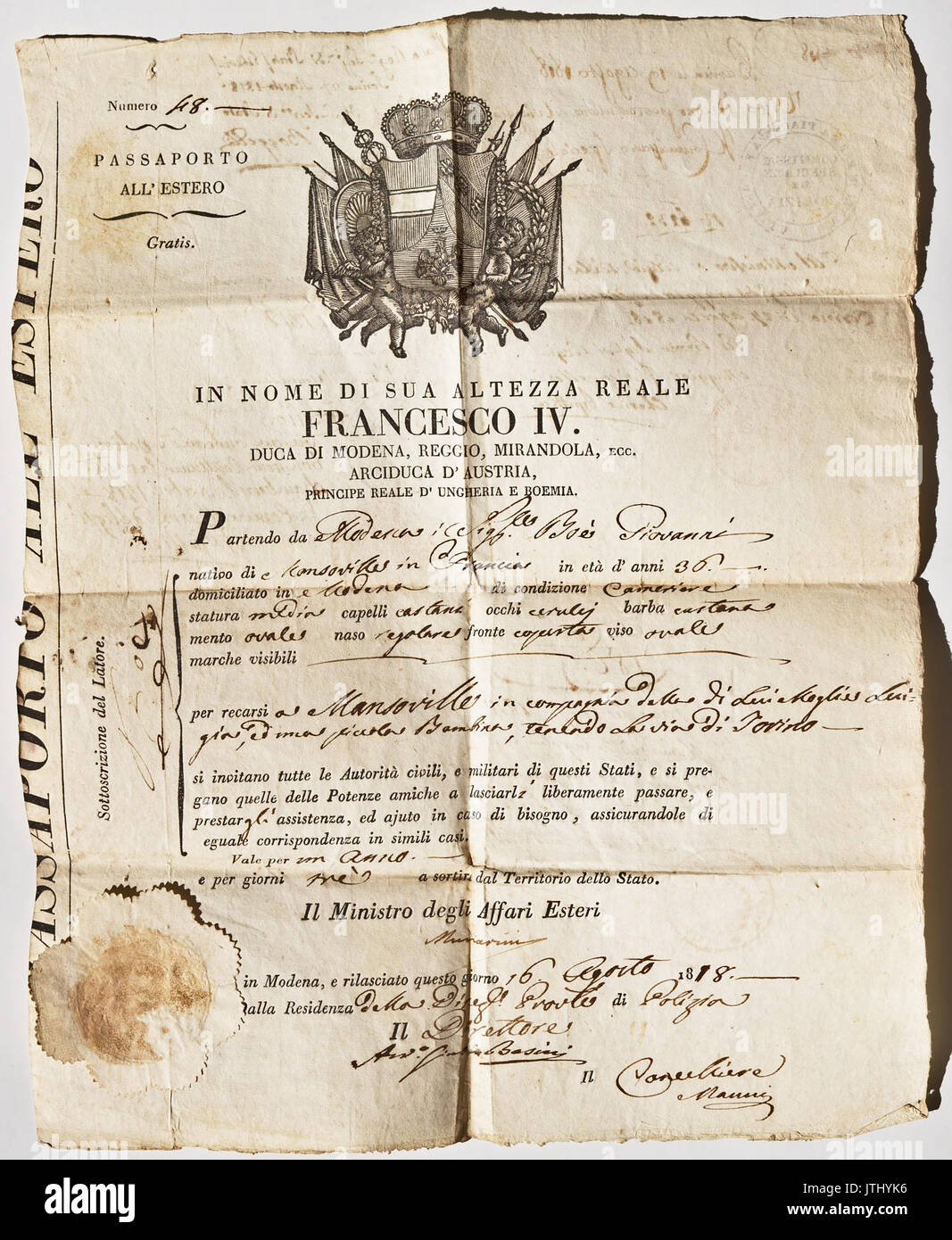 Passeport Italienisch 1818 Recto Stockfoto