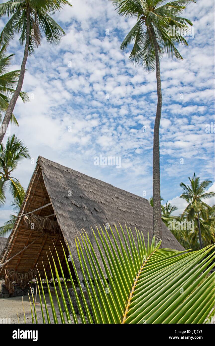 Tiki und rekonstruierten Strukturen auf Grund der historischen Puuhonua O Honaunau NHP Stockfoto