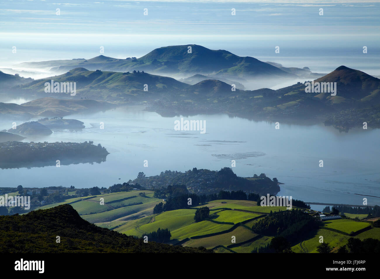Otago Hafen und die Halbinsel Otago, Dunedin, Südinsel, Neuseeland Stockfoto