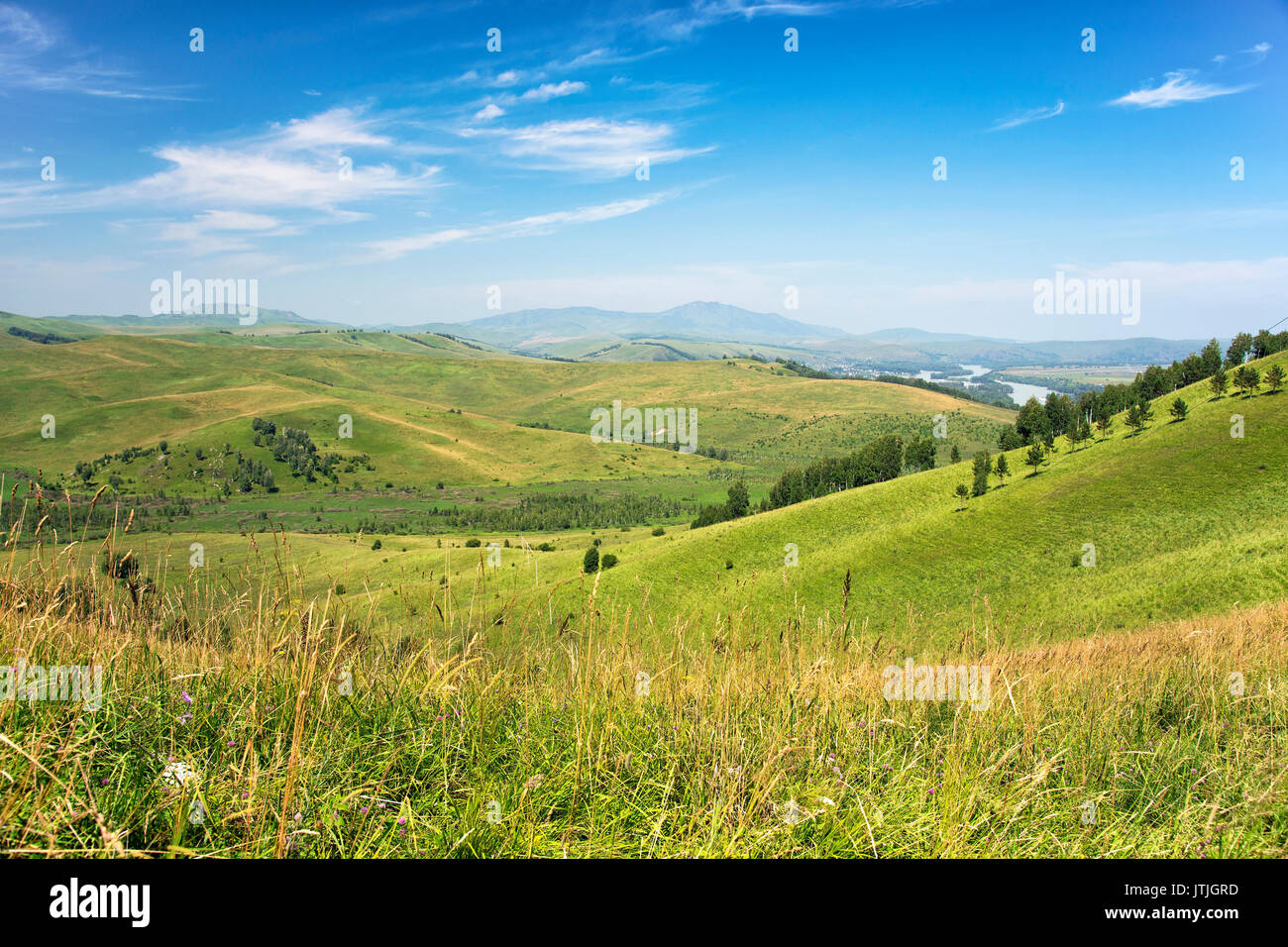 Schönen Sommer Landschaft: grüne Hügel, bedeckt von Bäumen und blauer Himmel mit weißen Wolken (tanju) Stockfoto