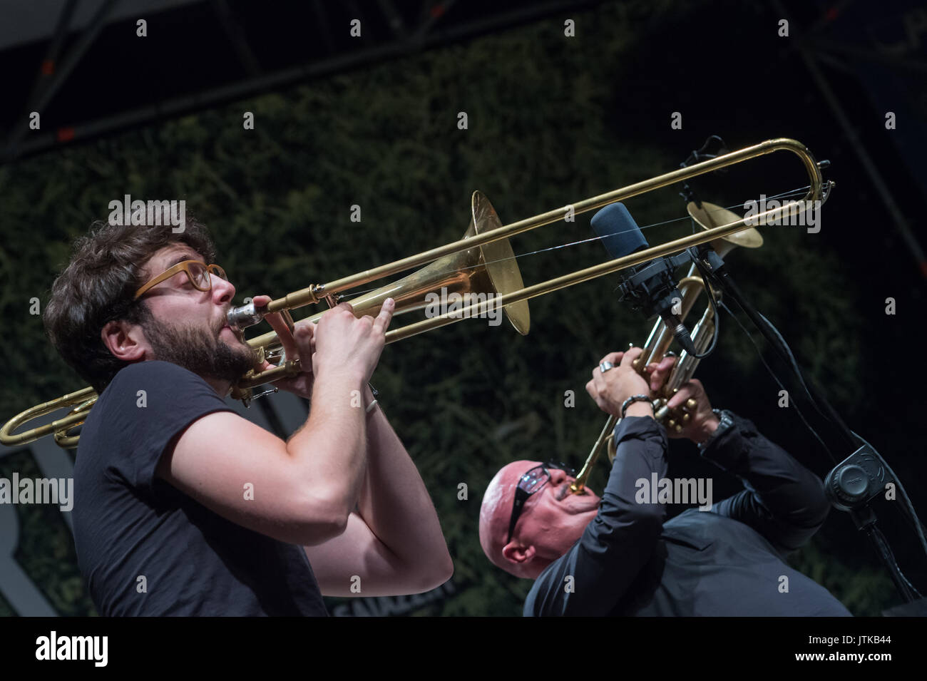 Rom, Italien. 07 Aug, 2017. Die berühmten italienischen Jazz Sängerin auf 7/8/2017 in der Casa del Jazz in Rom am Ende des 'Summertime' Event 2017, präsentiert sein neuestes Album "Abbey Road, ein Tribut an Abbey Lincoln". Mit ihr auf der Bühne, Giovanni Falzone auf Trompete, Filippo Vignato an der Posaune, Matteo Bortone am Bass und Ermanno Baron am Schlagzeug. Filippo Vignato Credit: Leo Claudio De Petris/Pacific Press/Alamy leben Nachrichten Stockfoto