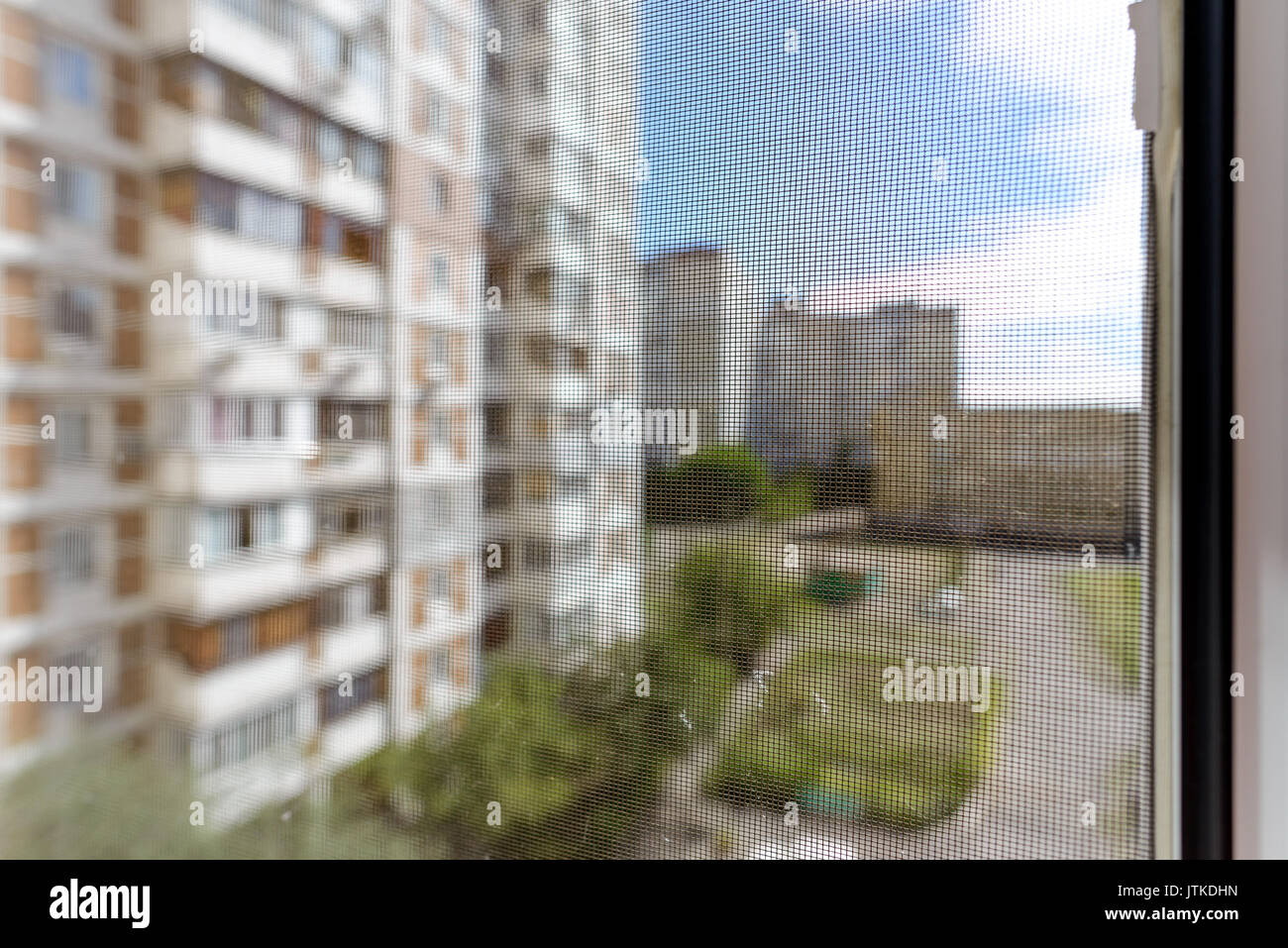 Fenster mit einem Moskitonetz Insekten und Wanzen zu verhindern, wie Fliegen, Mücken, Bienen oder Wespen in Stockfoto