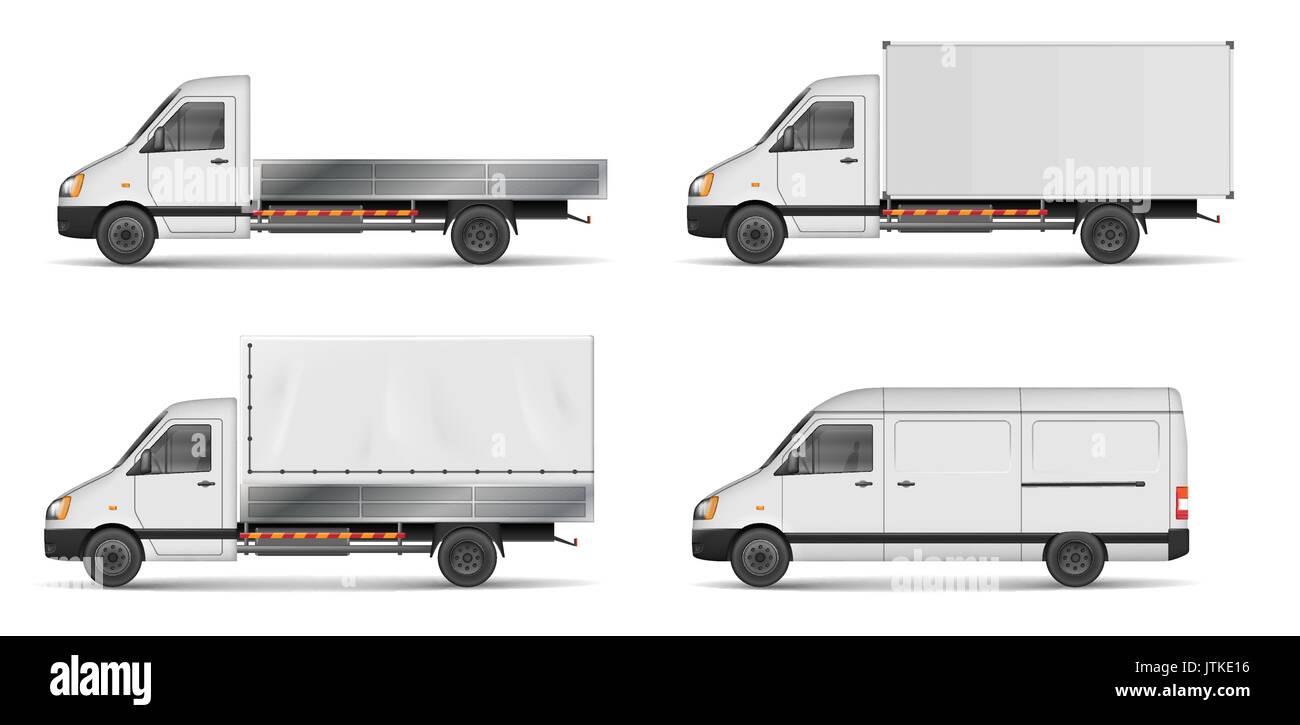 Festlegen von realistischen White cargo Fahrzeuge. Vector Illustration mit schweren Lkw, Anhänger, Lkw, Bus, Transporter isoliert. Seitenansicht mockup. Stock Vektor