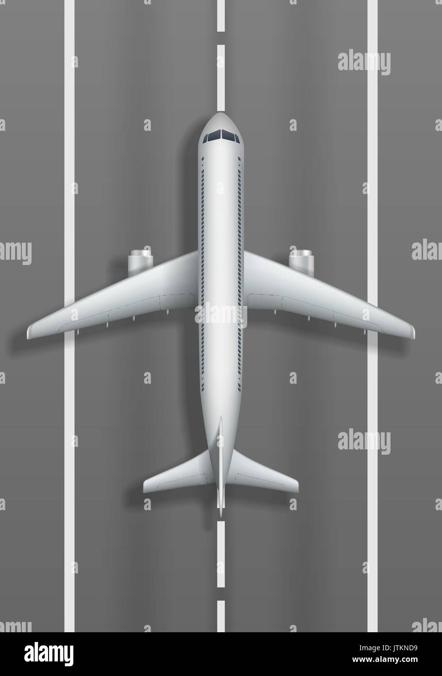 Start- und Landebahn mit weißen Flugzeug. Ebene mockup Ansicht von oben. Reisebüro Werbung Plakat Design. Vector Illustration Stock Vektor
