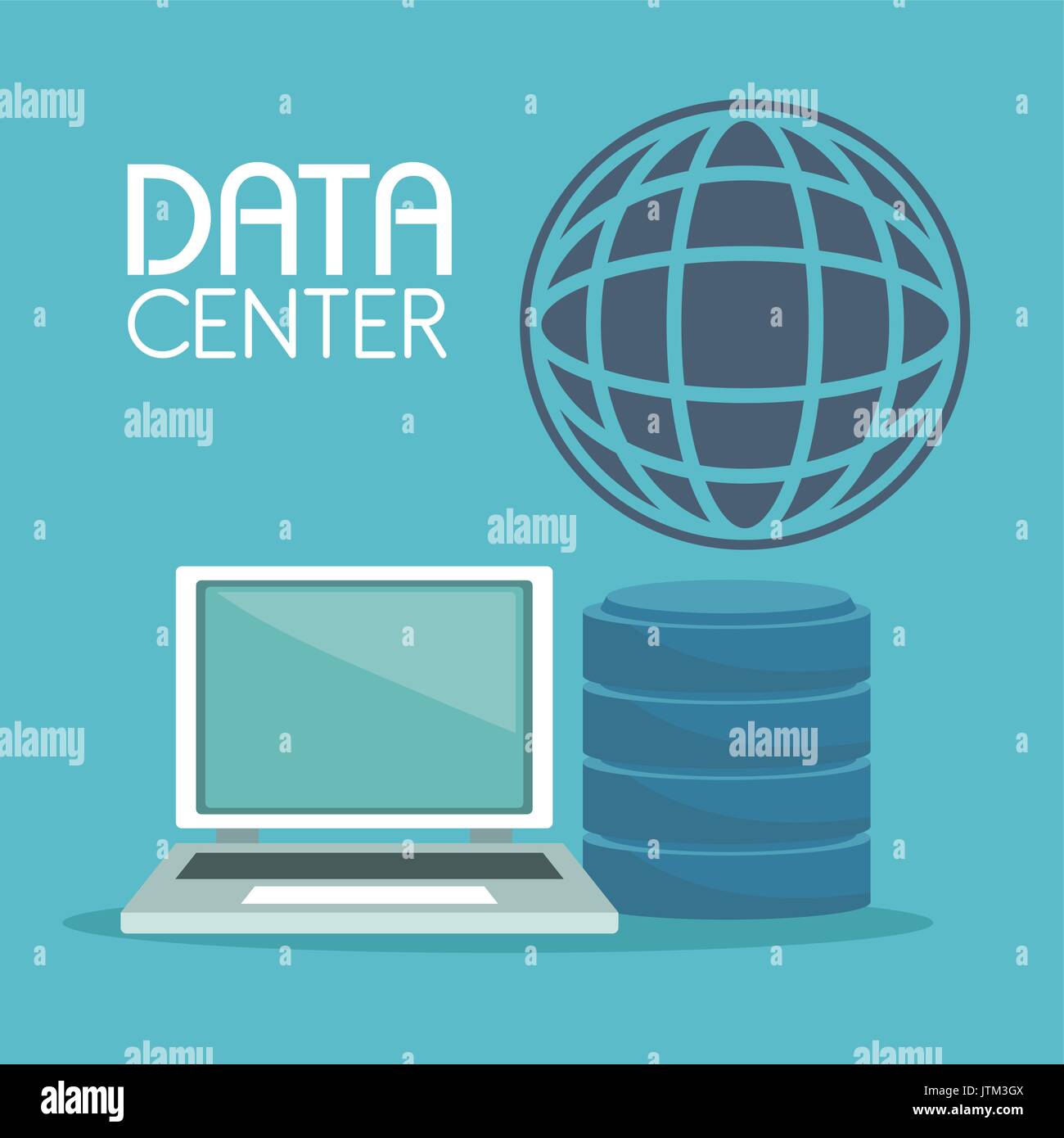 Farbe Hintergrund mit Laptop und Rack drive global Symbol und Text Data Center Stock Vektor
