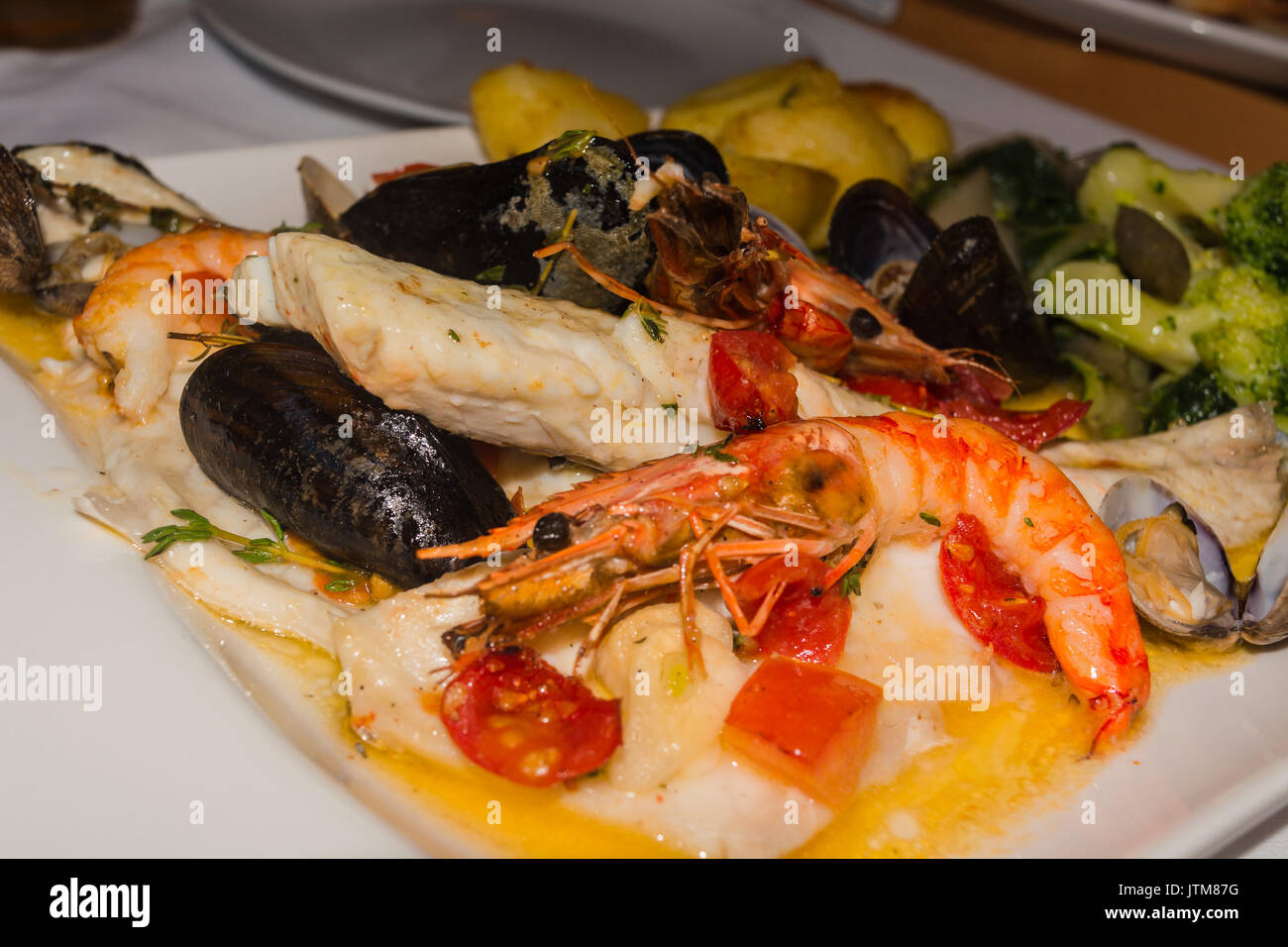 Abwechslungsreiche Meeresfrüchte, Dorade, Muscheln und Garnelen auf einem weißen Teller. Stockfoto