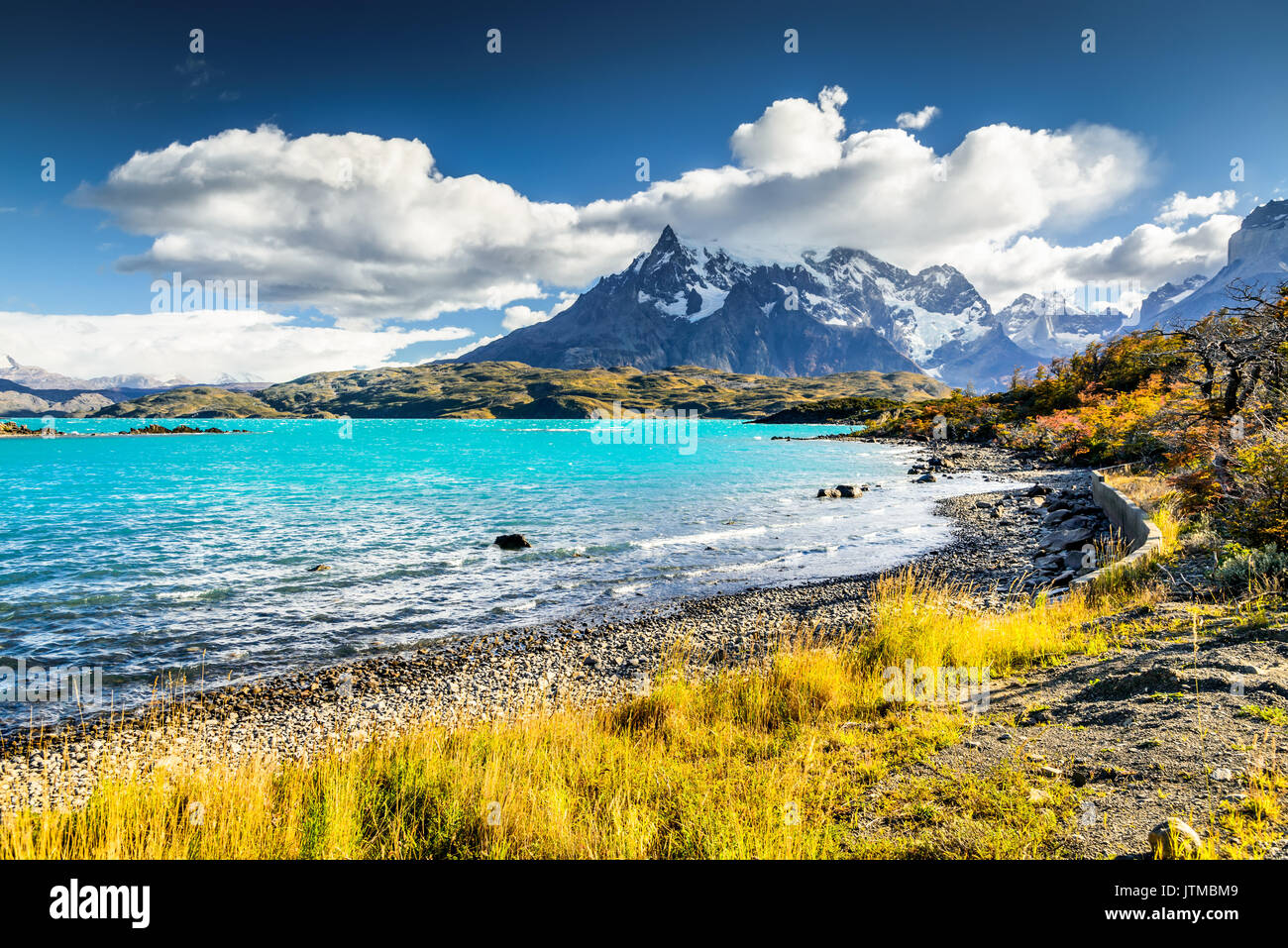 Torres del Paine, Chile. Herbst austral Landschaft in Patagonien mit Lago Pehoe in Südamerika. Stockfoto