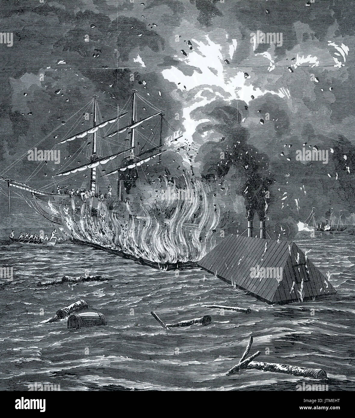 USS HARTFORD ist durch einen Verbündeten Feuer Raft und eine gepanzerte Ram der Manassas im rechten am 24. April 1862 während einer Union t Angriff auf New Orleans angegriffen Stockfoto