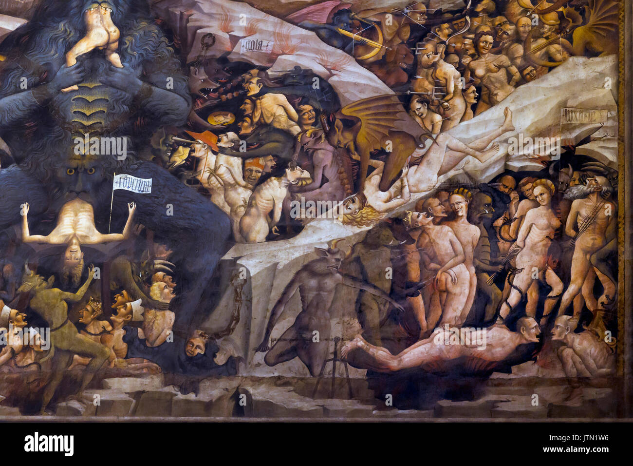 Luzifer Essen Sünder, Himmel und Hölle fresco, Cappella Bolognini, Kapelle der Heiligen Drei Könige, von Giovanni da Modena, 1410, von Dantes Göttlicher Komödie inspiriert Stockfoto