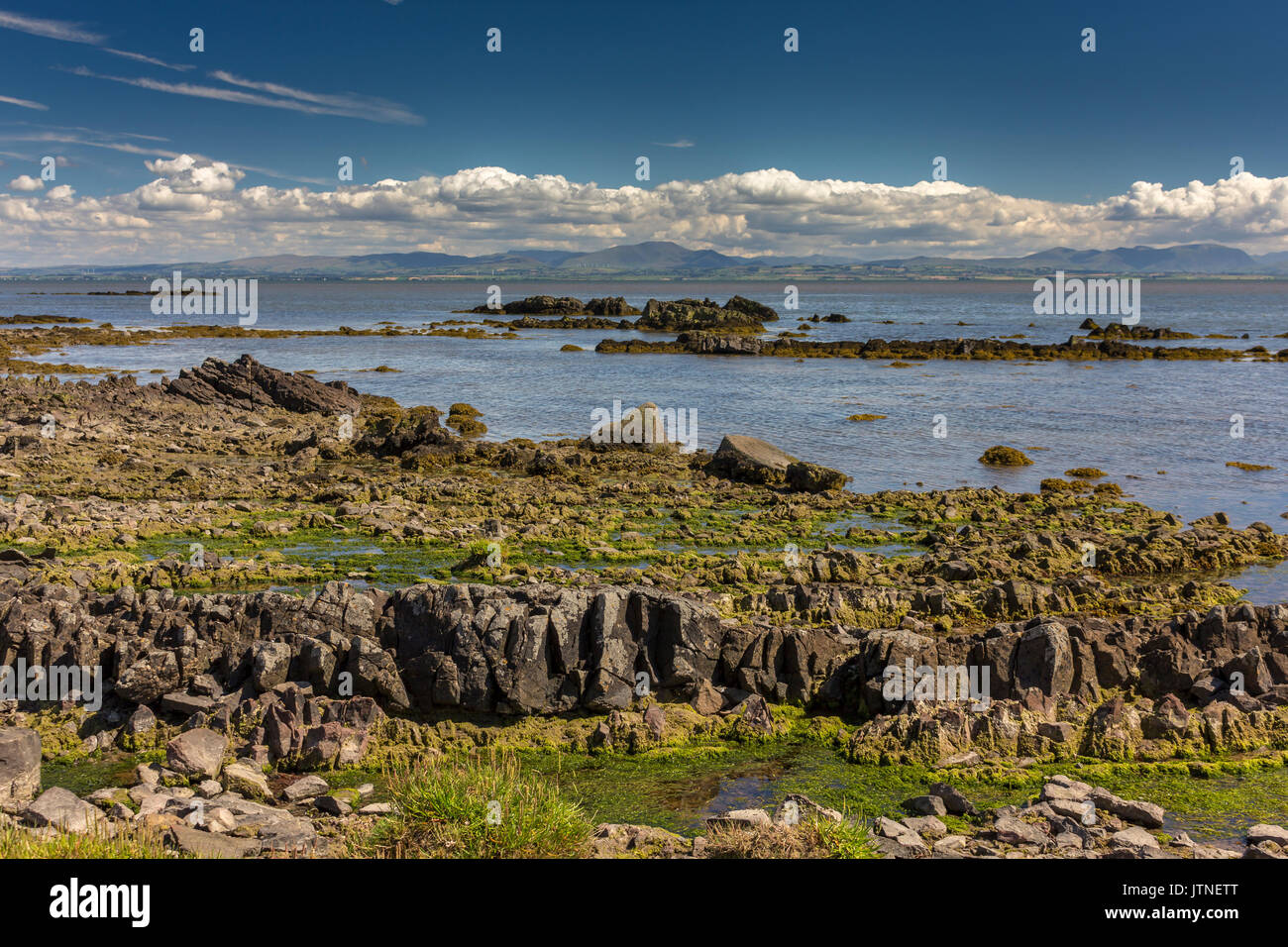 Blick auf den Solway Firth der Cumbria Hügel. Von Southerness in Dumfries und Galloway, Schottland. Stockfoto