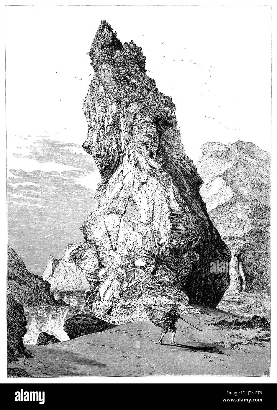 1870: Shell - Fischer unter dem Kirchturm (Rock). Eine seastack an Kynance Cove, auf der Westseite der Lizard Halbinsel, Cornwall, England Stockfoto