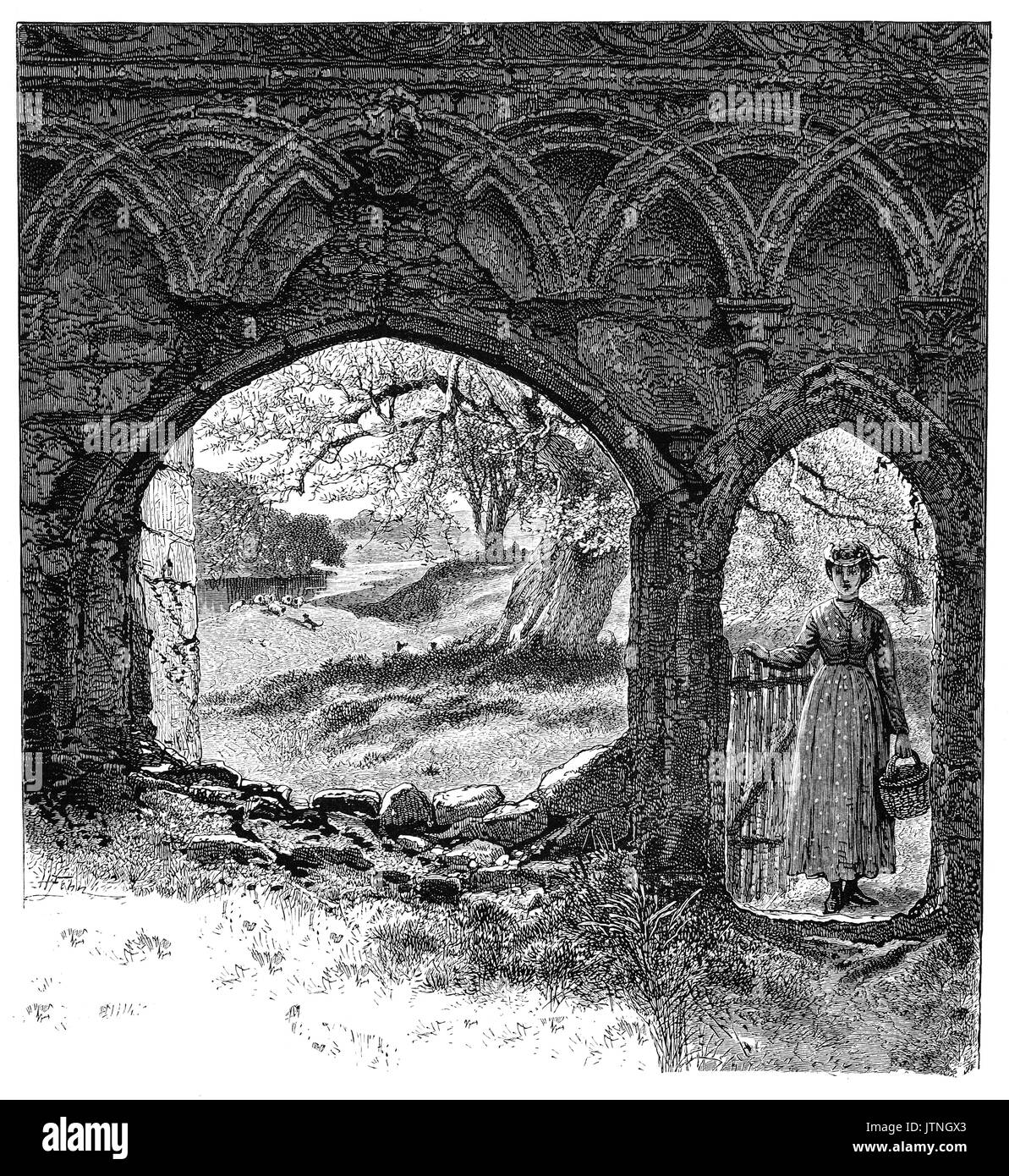 1870: Eine junge Frau am Tor zu Bolton Abbey, einem Anwesen in Wharfedale in North Yorkshire, England, hat seinen Namen von der Burgruine aus dem 12. Jahrhundert Augustinerkloster - heute allgemein als Bolton Priory bekannt. Sie liegt in der Landschaft der Yorkshire Dales, angrenzend an das Dorf von Bolton Abbey. Stockfoto