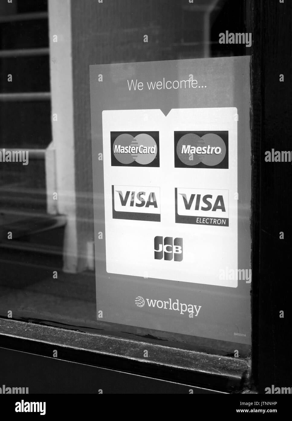 Worldpay begrüßen wir verschiedene Zahlungsmethoden Anmelden Shop Fenster Stockfoto