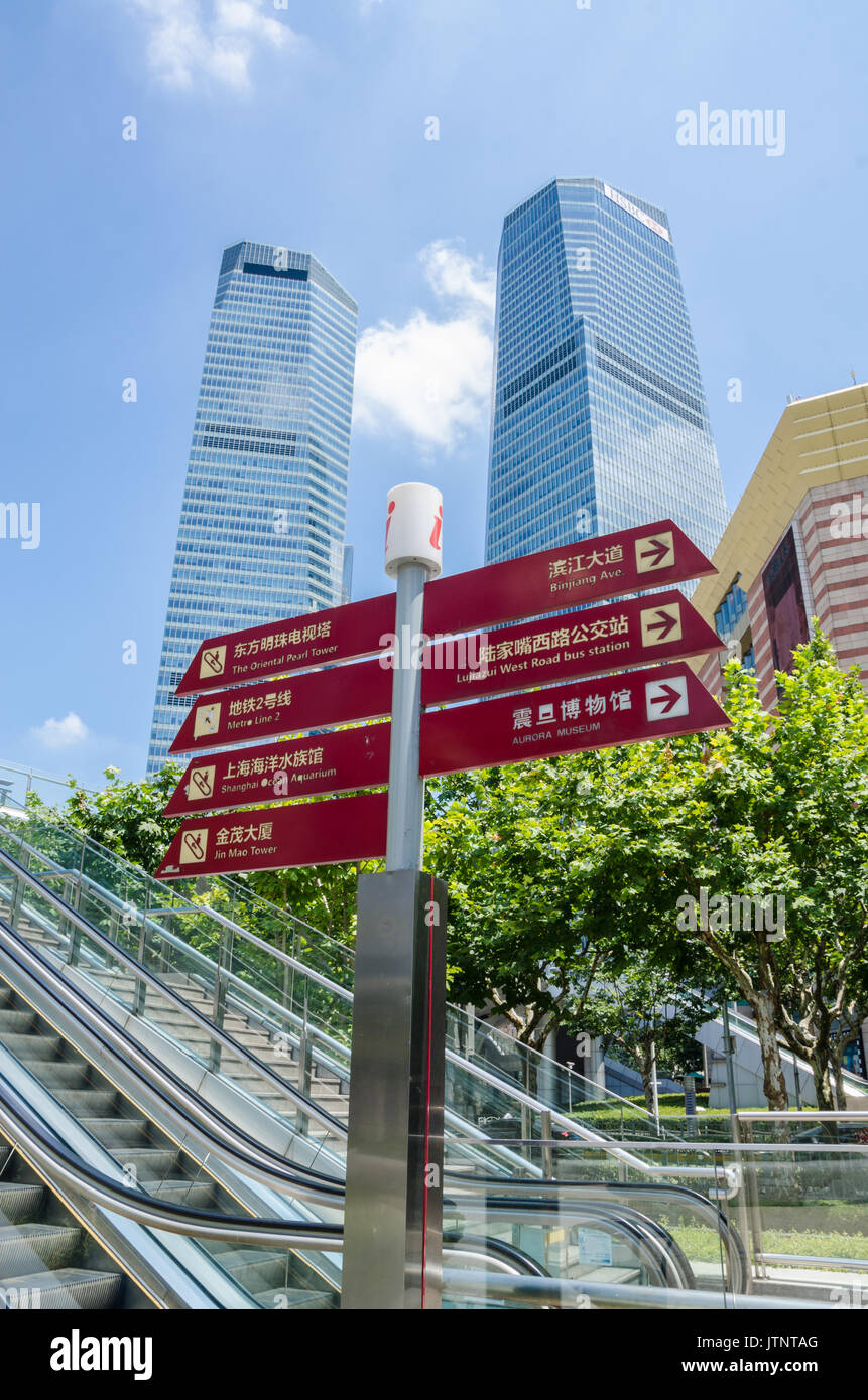Ein Schild vor der Fahrtreppen mit Tower Blocks im Hintergrund in der Gegend von Pudong Shanghai, China. Stockfoto