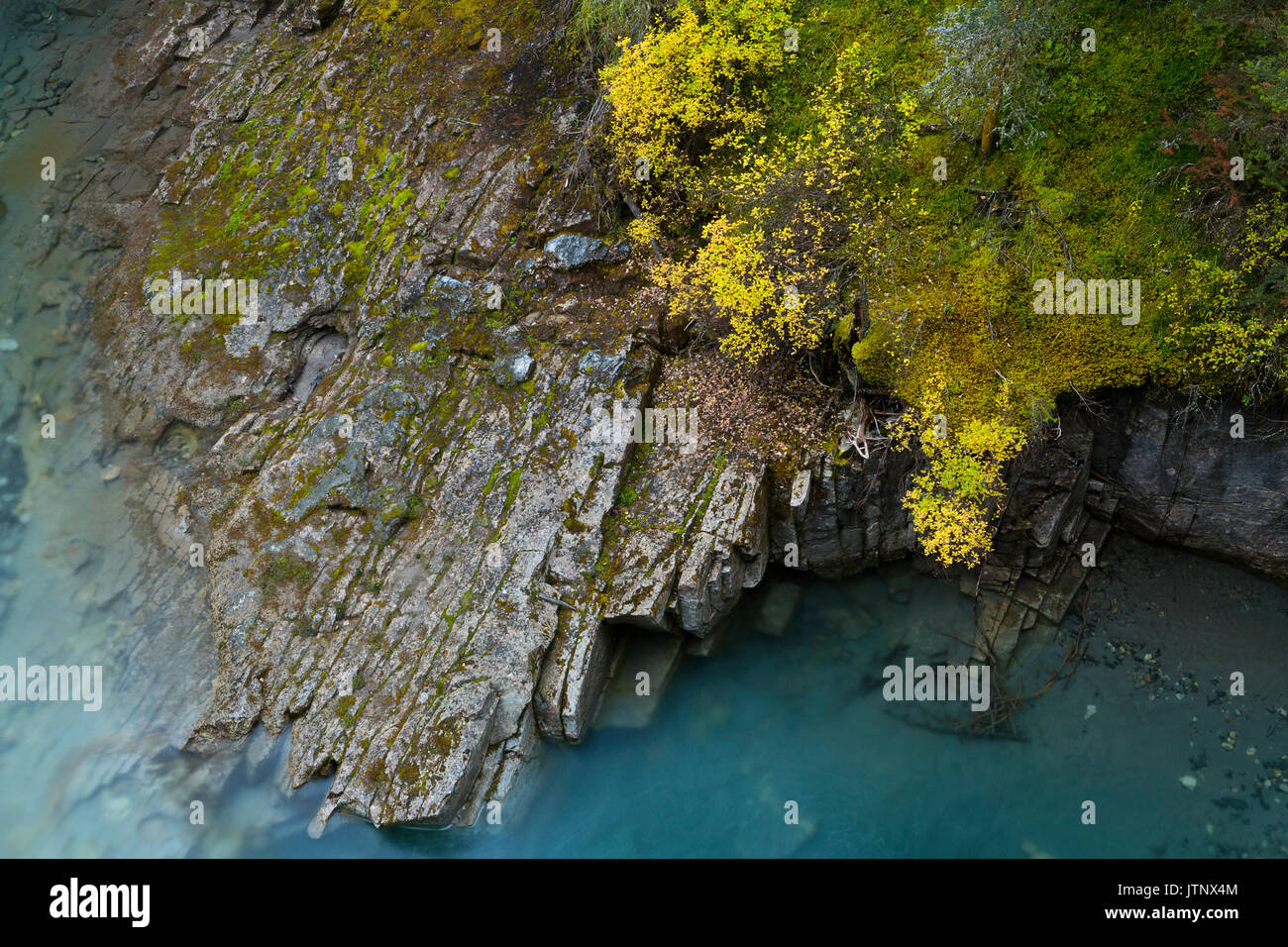 Ein nach unten gerichteter Blick von Johnston Creek in der Johnston Canyon im Banff National Park, Alberta. Stockfoto