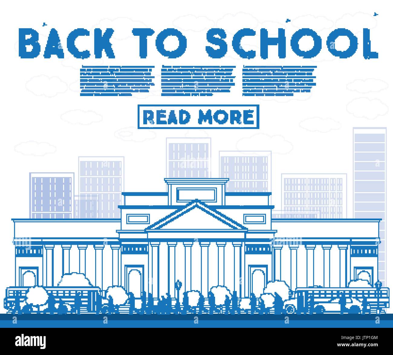 Übersicht zurück in die Schule. Banner mit Schulbus, Gebäude und Studenten. Vector Illustration. Stock Vektor