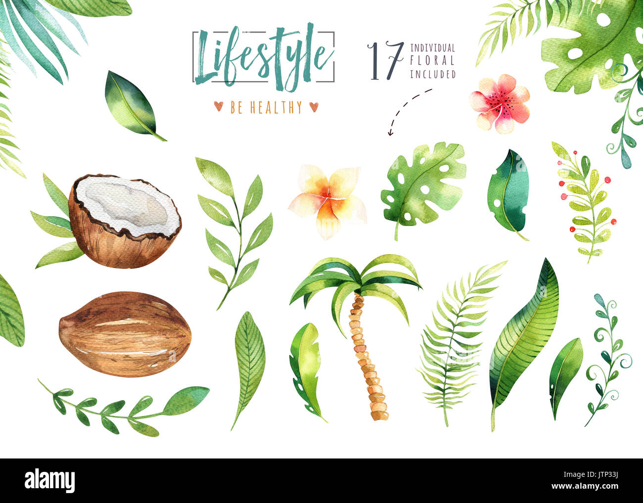 Hand gezeichnet Aquarell tropischen Pflanzen. Exotische Palmen, Dschungel Baum, Brasilien tropic Botanik Elemente und Blumen. Perfekt für Stoff Design. Aloha boho Sammlung. Stockfoto