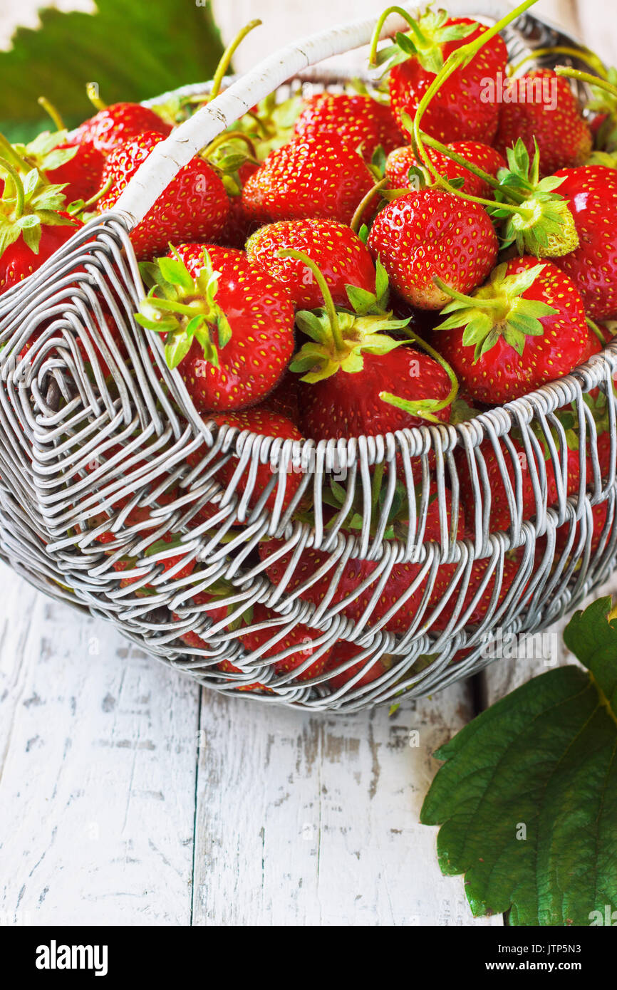 Saftige frische Erdbeeren in einem Korb auf weißem Hintergrund Holz, selektive konzentrieren. Stockfoto