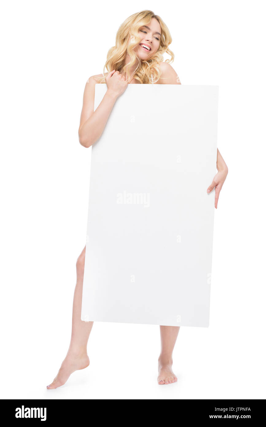 Frau Abdeckungskörper mit leeren Banner in Händen isoliert auf weißem Stockfoto