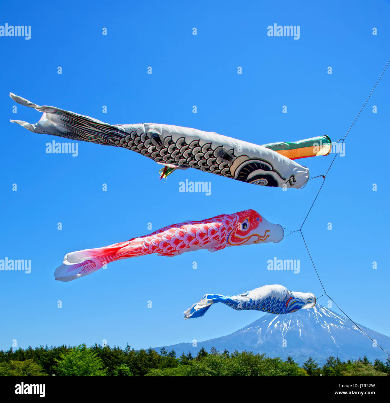 Farbenfrohe Koinobori Carp Kites vor einem klaren blauen Himmel im Asagiri Highlands mit Mt. Fuji im Hintergrund in Japan Stockfoto