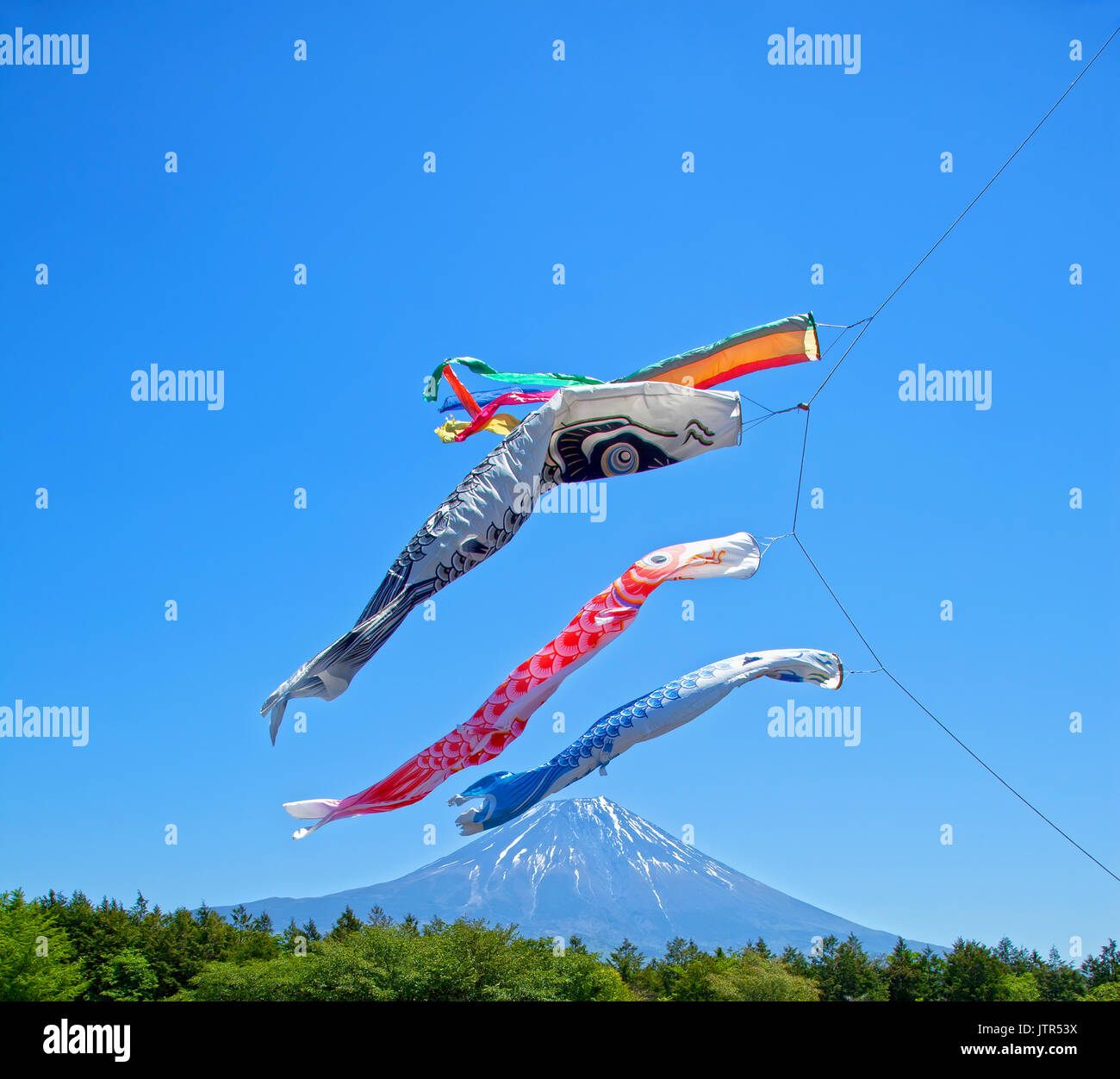 Farbenfrohe Koinobori Carp Kites vor einem klaren blauen Himmel im Asagiri Highlands mit Mt. Fuji im Hintergrund in Japan Stockfoto