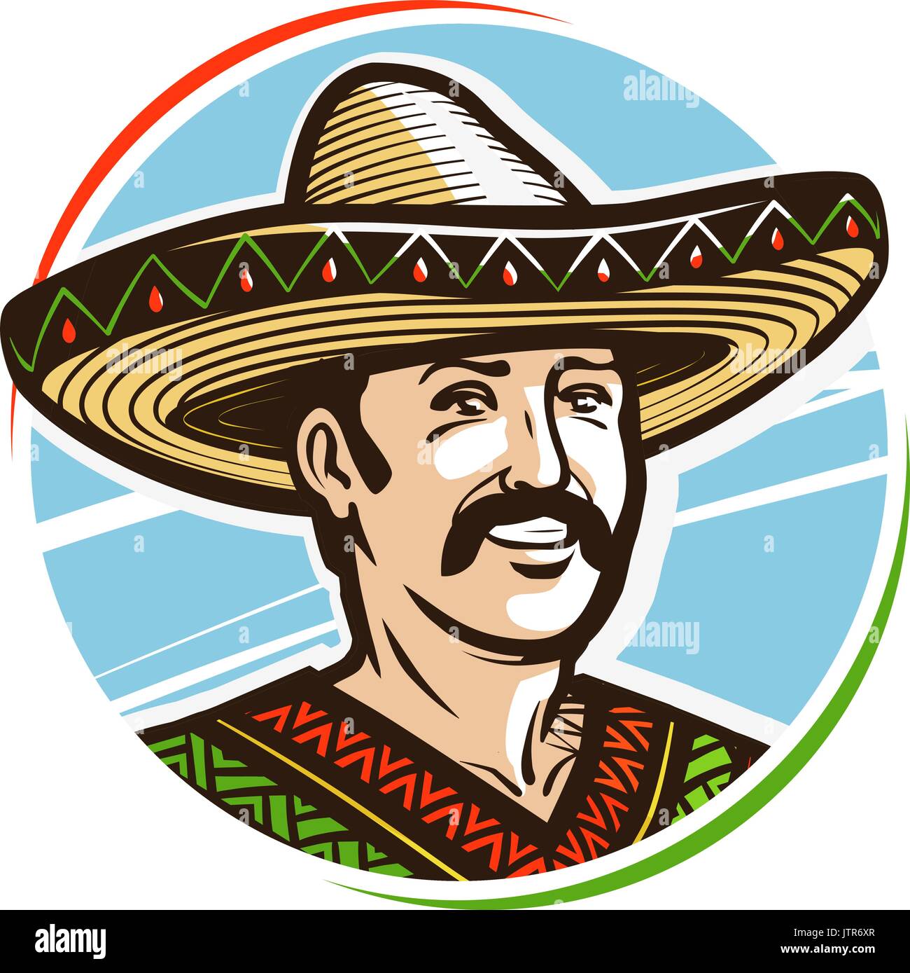 Portrait von Glücklich lächelnde Mexikanische in Sombrero, Logo oder Label. Cartoon Vector Illustration Stock Vektor