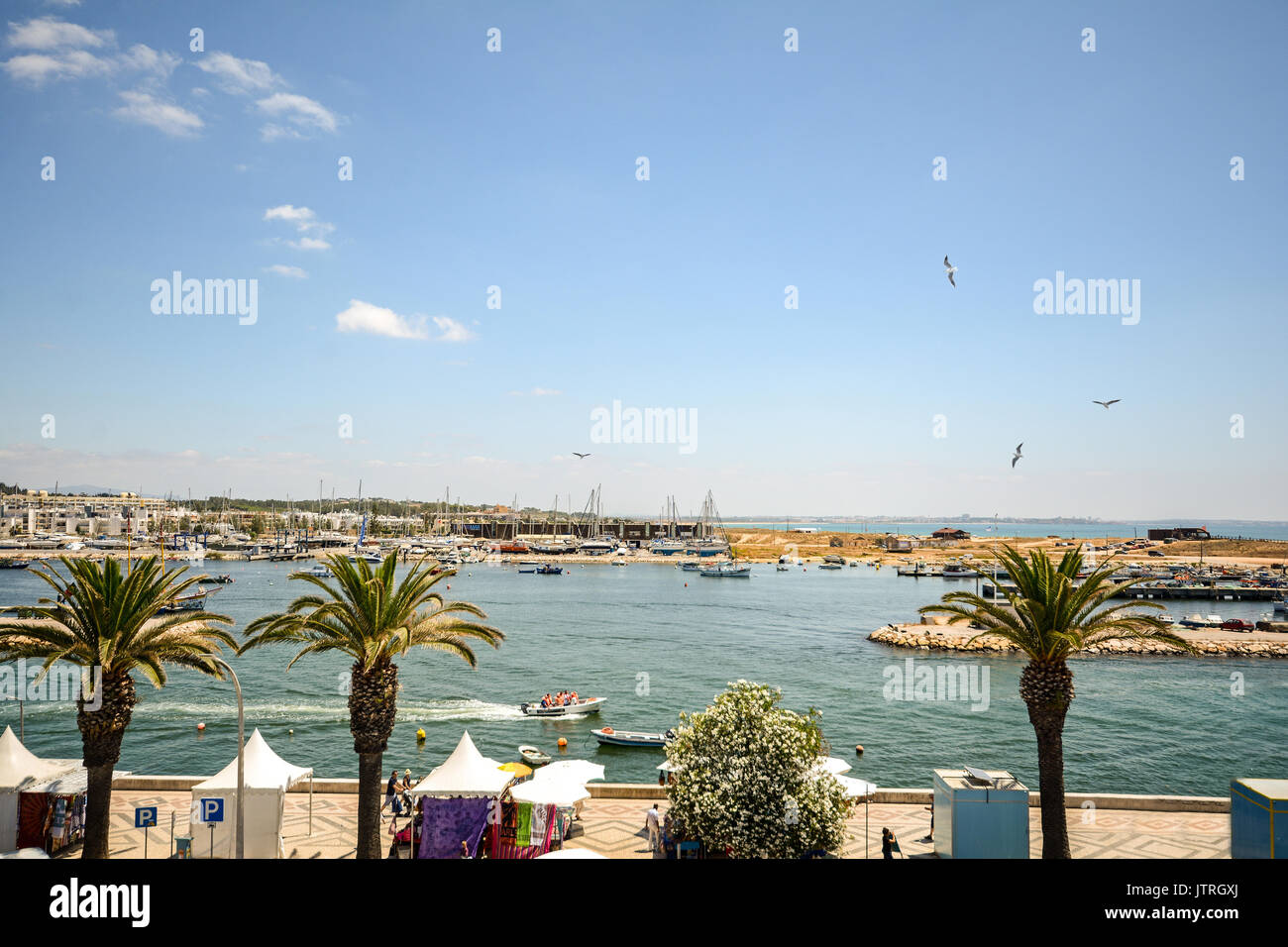 Blick auf die Küstenlinie mit Wasser - Strandpromenade und Marina von Lagos, Algarve Portugal Stockfoto