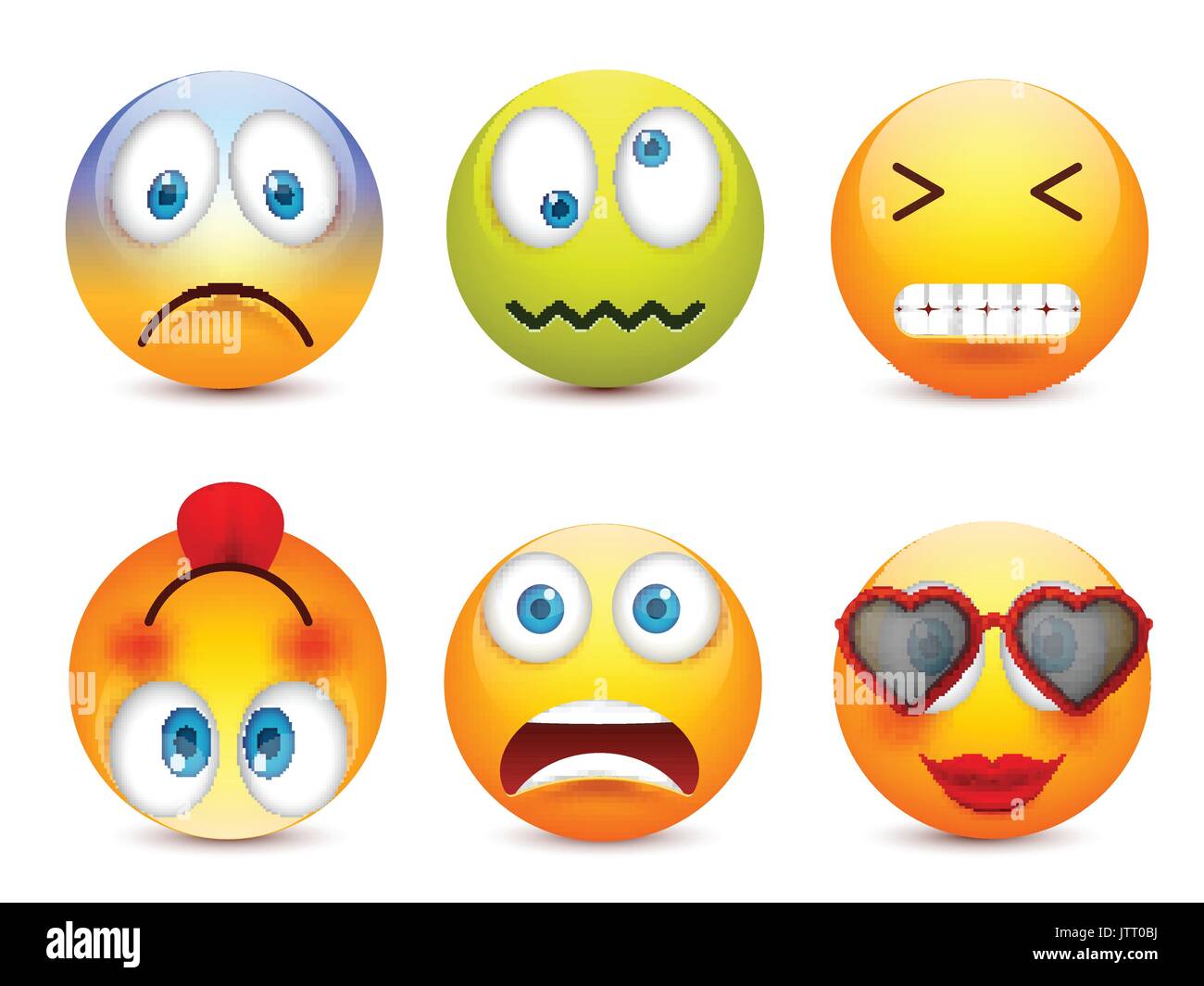 Smiley mit blauen Augen, Emoticon-Satz. Gelbes Gesicht mit Emotionen. Gesichtsausdruck. 3D realistisch Emoji. Traurig, glücklich, wütend Gesichter. Lustige Comic-Figur. Mood.Vector Abbildung. Stock Vektor