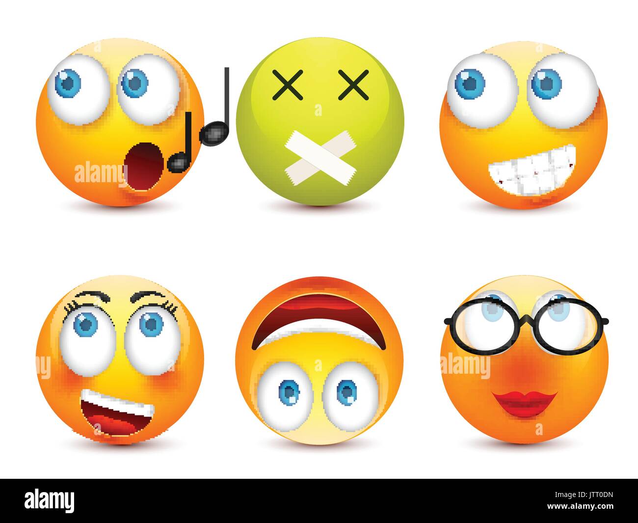 Smiley mit blauen Augen, Emoticon-Satz. Gelbes Gesicht mit Emotionen. Gesichtsausdruck. 3D realistisch Emoji. Traurig, glücklich, wütend Gesichter. Lustige Comic-Figur. Mood.Vector Abbildung. Stock Vektor