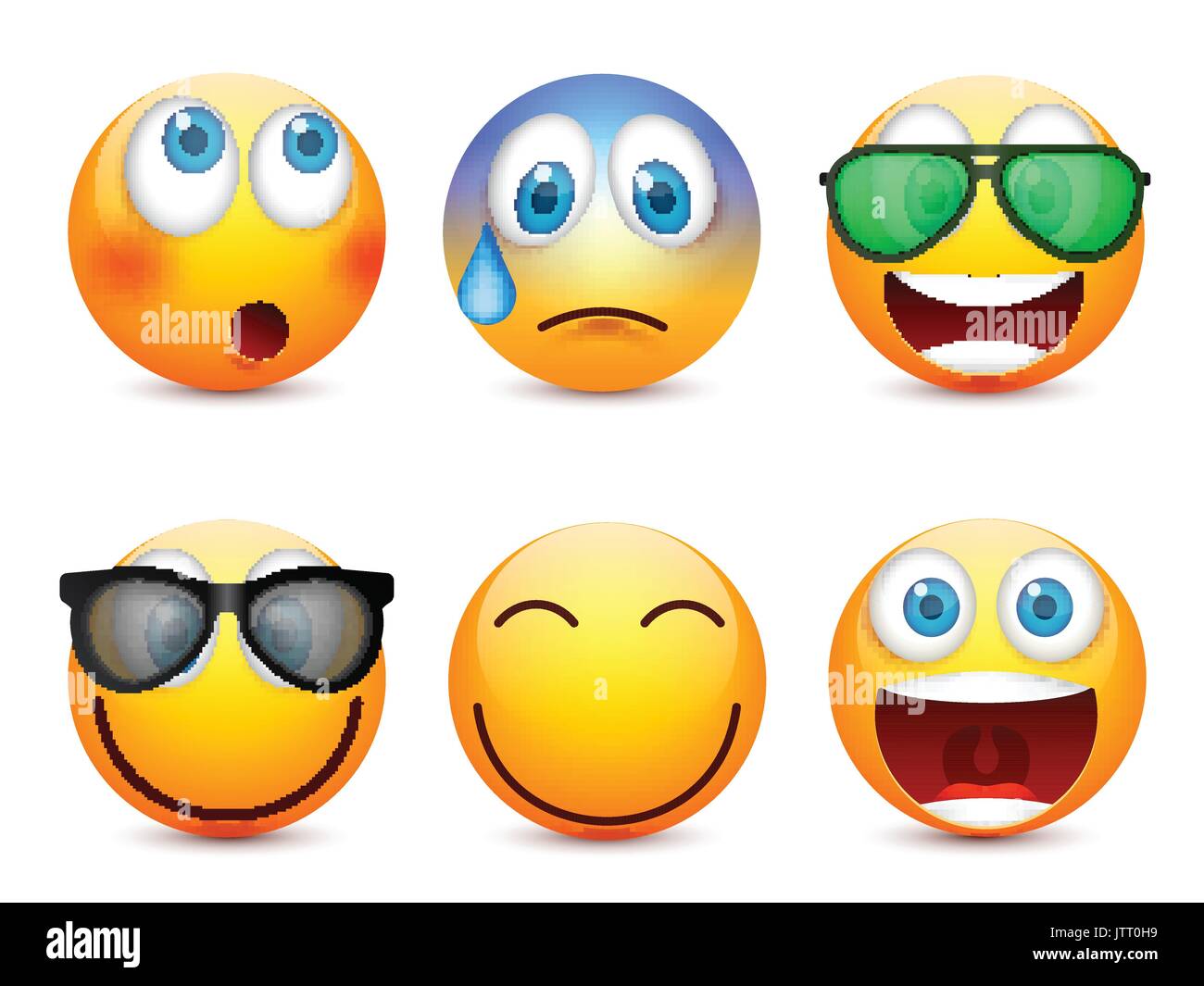 Smiley mit blauen Augen, Emoticon-Satz. Gelbes Gesicht mit Emotionen. Gesichtsausdruck. 3D realistisch Emoji. Traurig, glücklich, wütend Gesichter. Lustige Comic-Figur. Mood.Vector Abbildung. Stock Vektor