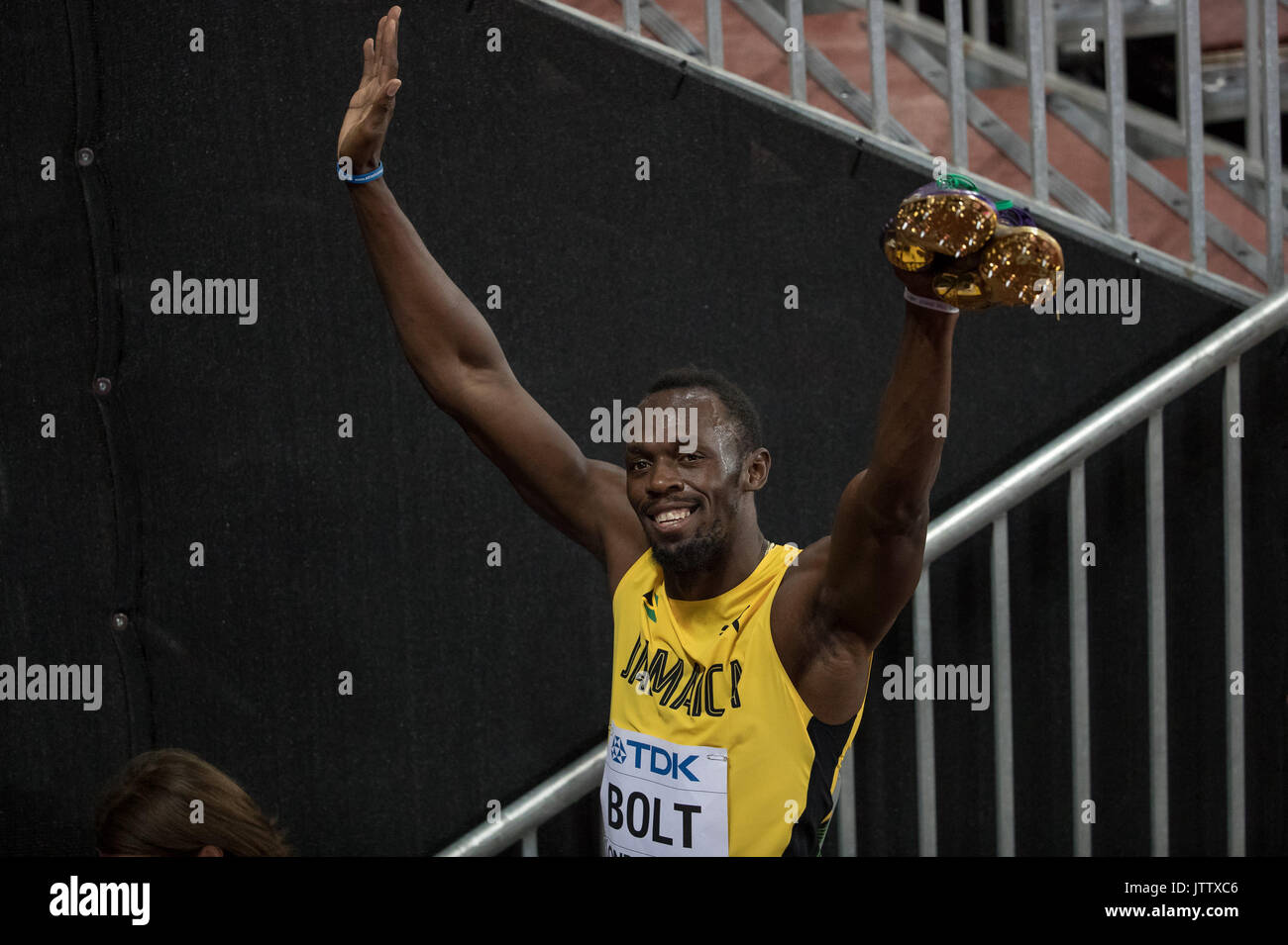 Usain Bolt nach seiner Runde 1 Wärme der 100 m Während der Leichtathletik-WM TAG 1 an der Olympic Park, London, England am 4. August 2017. Foto von Andy Rowland. Stockfoto