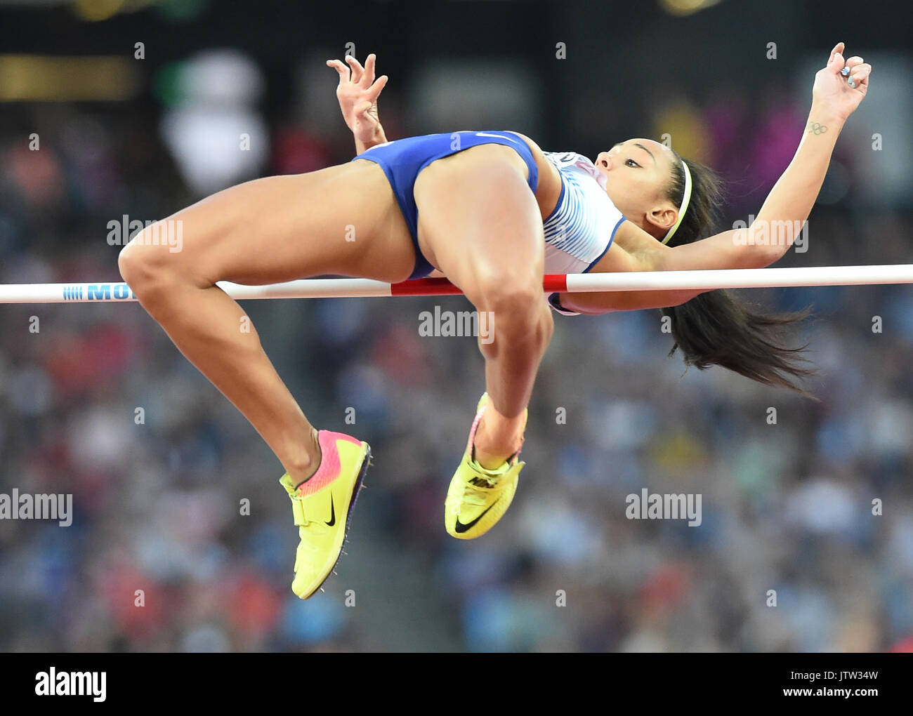 London, Großbritannien. 10 Aug, 2017. Katarina Johnson-Thompson, Großbritannien, beim Hochsprung Qualifikation in London im Jahr 2017 Leichtathletik-WM Leichtathletik. beim Hochsprung Qualifikation in London im Jahr 2017 IAAF Weltmeisterschaften in der Leichtathletik. Credit: Ulrik Pedersen/Alamy leben Nachrichten Stockfoto