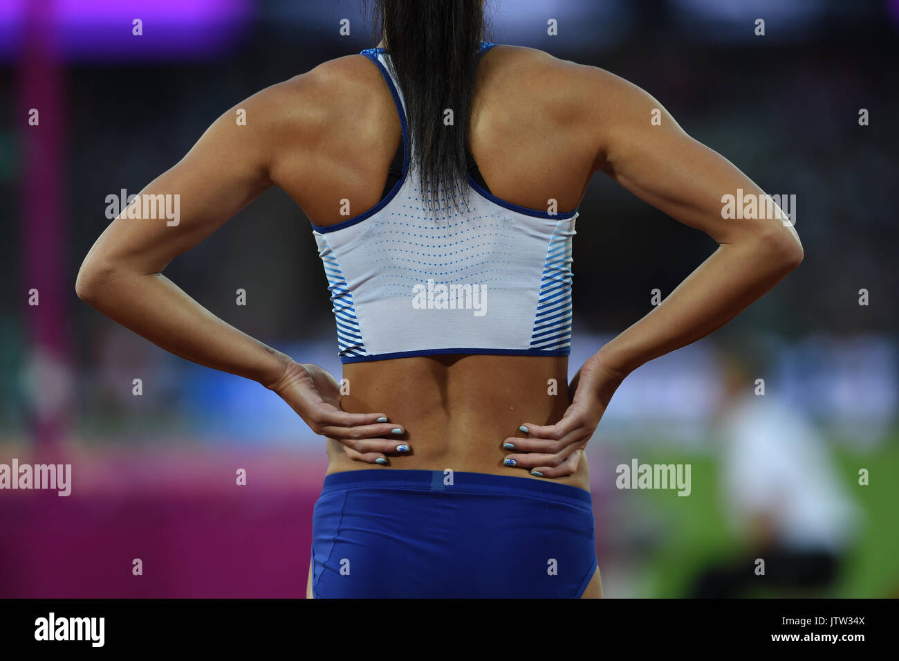 London, Großbritannien. 10 Aug, 2017. Katarina Johnson-Thompson, Großbritannien, beim Hochsprung Qualifikation in London im Jahr 2017 Leichtathletik-WM Leichtathletik. beim Hochsprung Qualifikation in London im Jahr 2017 IAAF Weltmeisterschaften in der Leichtathletik. Credit: Ulrik Pedersen/Alamy leben Nachrichten Stockfoto