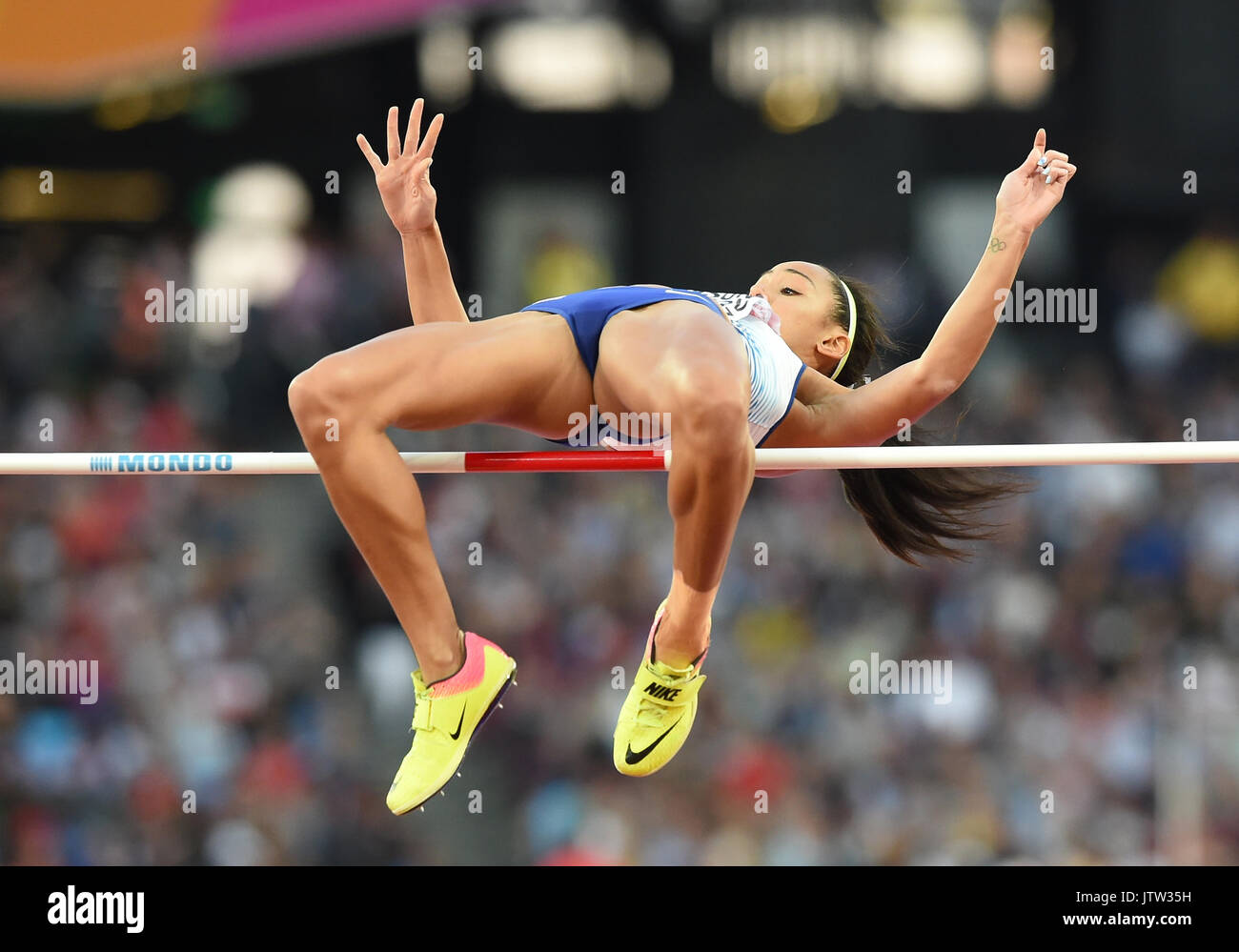 London, Großbritannien. 10 Aug, 2017. Katarina Johnson-Thompson, Großbritannien, beim Hochsprung Qualifikation in London im Jahr 2017 Leichtathletik-WM Leichtathletik. beim Hochsprung Qualifikation in London im Jahr 2017 IAAF Weltmeisterschaften in der Leichtathletik. Credit: Ulrik Pedersen/Alamy leben Nachrichten Stockfoto