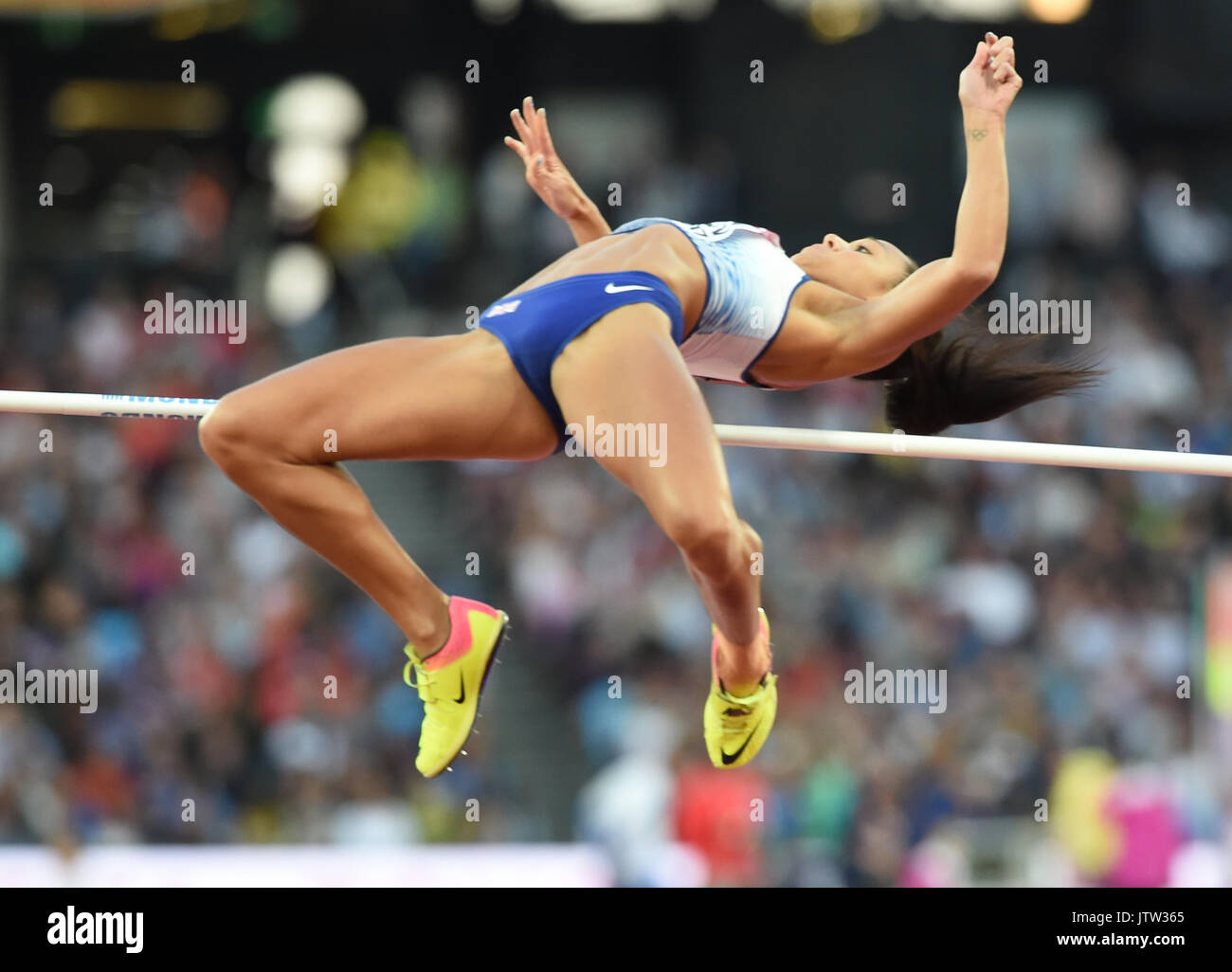 London, Großbritannien. 10 Aug, 2017. Katarina Johnson-Thompson, Großbritannien, beim Hochsprung Qualifikation in London im Jahr 2017 Leichtathletik-WM Leichtathletik. beim Hochsprung Qualifikation in London im Jahr 2017 IAAF Weltmeisterschaften in der Leichtathletik. Credit: Ulrik Pedersen/Alamy leben Nachrichten Stockfoto