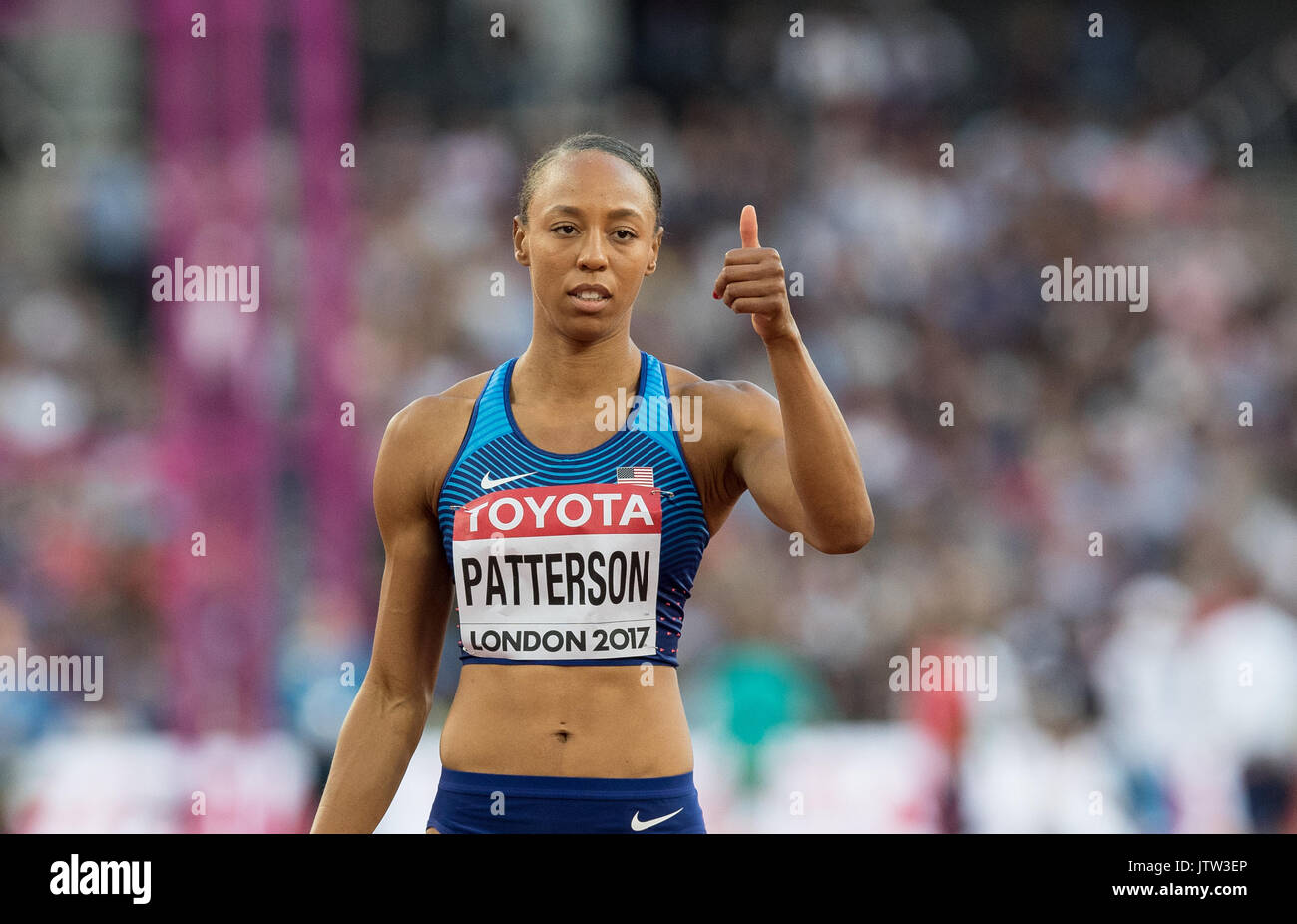 London, Großbritannien. 10 August, 2017. ELIZABETH PATTERSON von USA fällt im Hochsprung bei den Olympischen Park, London, England während der IAAF Leichtathletik WM 2017 - Tag 7 Am 10. August 2017 zu qualifizieren. Foto von Andy Rowland. Credit: Andrew Rowland/Alamy leben Nachrichten Stockfoto
