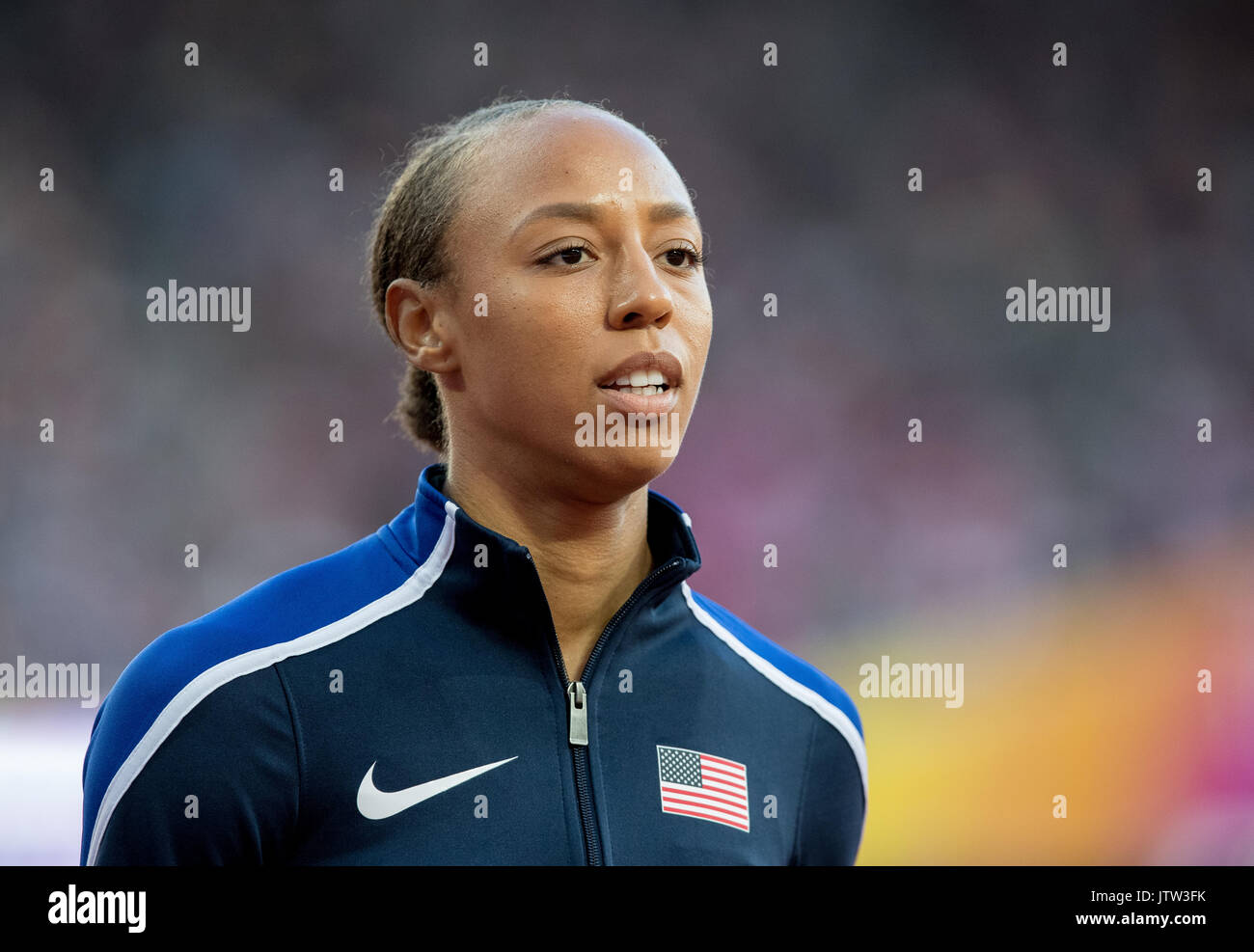 London, Großbritannien. 10 August, 2017. ELIZABETH PATTERSON von USA fällt im Hochsprung bei den Olympischen Park, London, England während der IAAF Leichtathletik WM 2017 - Tag 7 Am 10. August 2017 zu qualifizieren. Foto von Andy Rowland. Credit: Andrew Rowland/Alamy leben Nachrichten Stockfoto