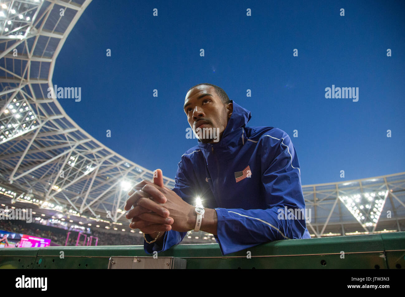 London, Großbritannien. 10 August, 2017. CHRISTIAN TAYLOR der USA während der Dreisprung in dem er gewinnt Gold bei der IAAF Leichtathletik WM 2017 - Tag 7 bei den Olympischen Park, London, England am 10. August 2017. Foto von Andy Rowland. Credit: Andrew Rowland/Alamy leben Nachrichten Stockfoto
