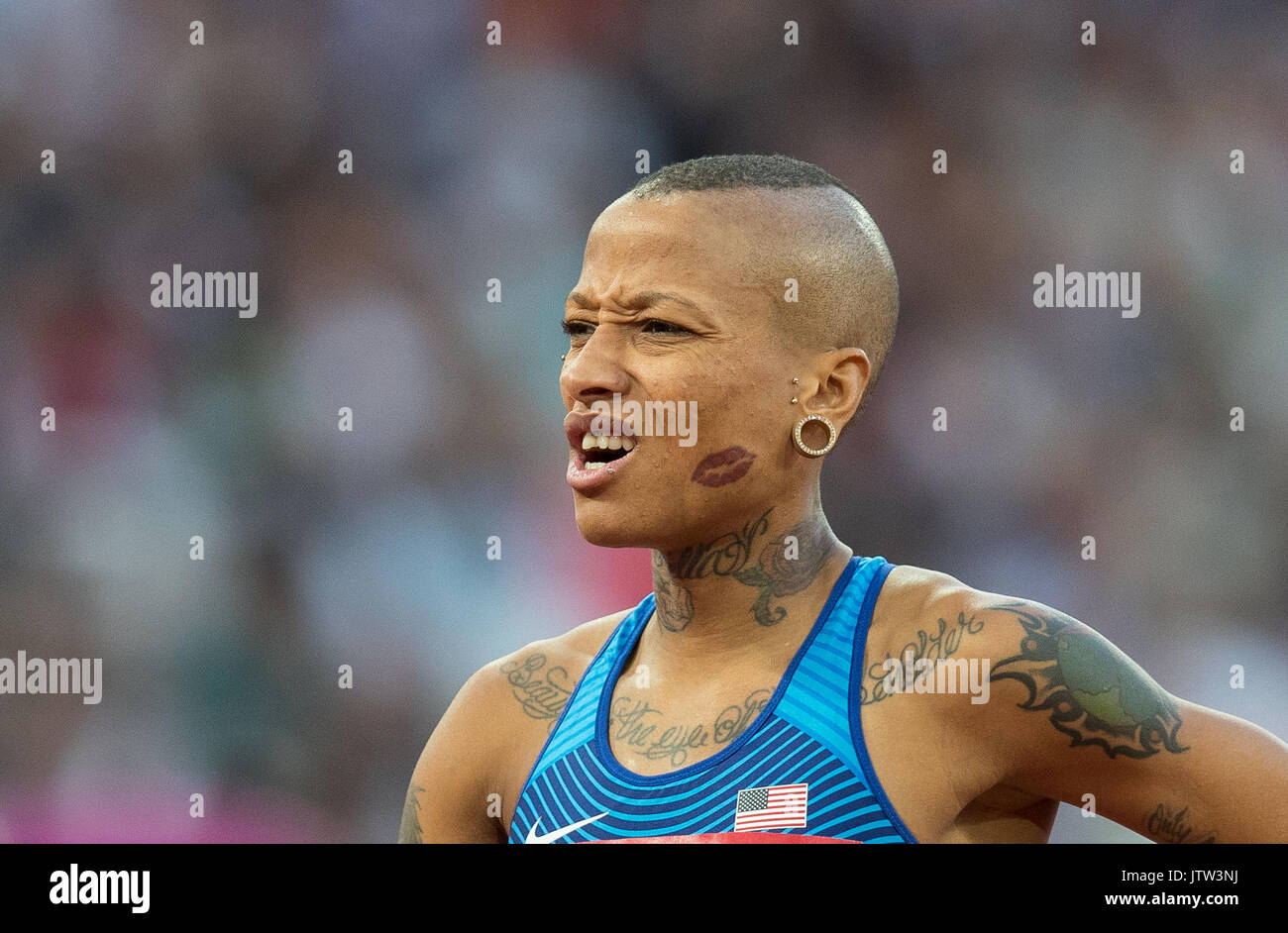 London, Großbritannien. 10 August, 2017. INIKA MCPHERSON der USA während der Hochsprung Qualifikation an die IAAF Leichtathletik WM 2017 - Tag 7 bei den Olympischen Park, London, England am 10. August 2017. Foto von Andy Rowland. Credit: Andrew Rowland/Alamy leben Nachrichten Stockfoto