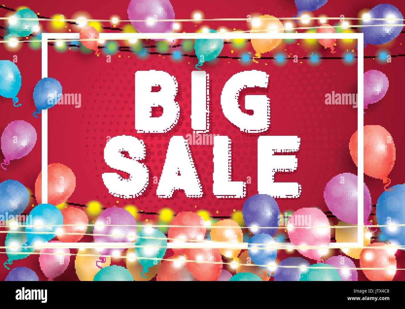 Big Sale Plakat auf rotem Hintergrund mit fliegenden Ballons, weißen Rahmen und Neon Girlande. Vector Illustration. Big Verkauf Banner. Stock Vektor