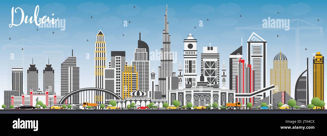 Dubai uae Skyline mit grauen Gebäuden und blauer Himmel. Vector Illustration. Business Travel und Tourismus Abbildung mit moderner Architektur. Stock Vektor